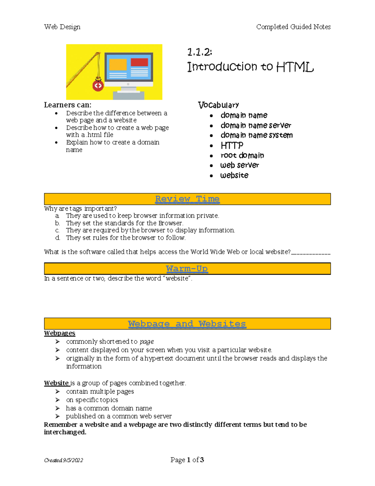 1.1.3 Intro to Web Page Development - Web Design Completed Guided Notes ...