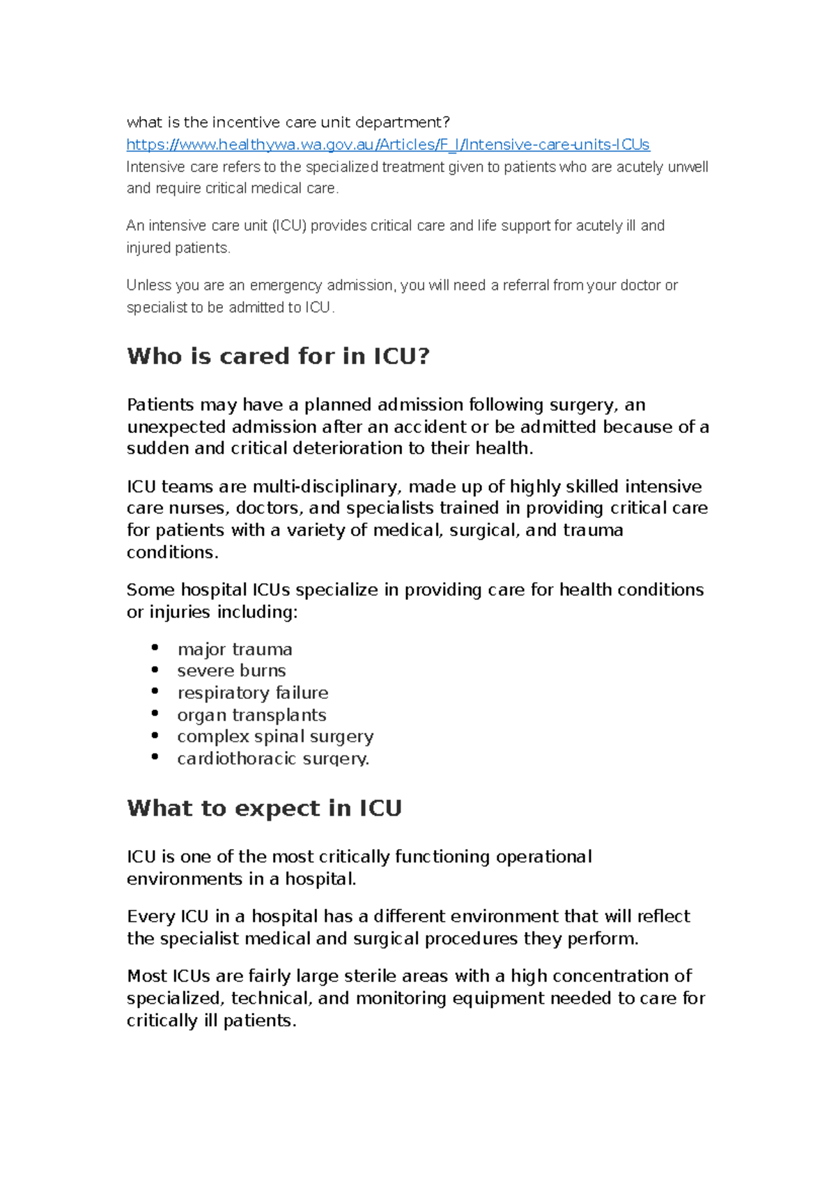 Incentive care unit department what is the incentive care unit