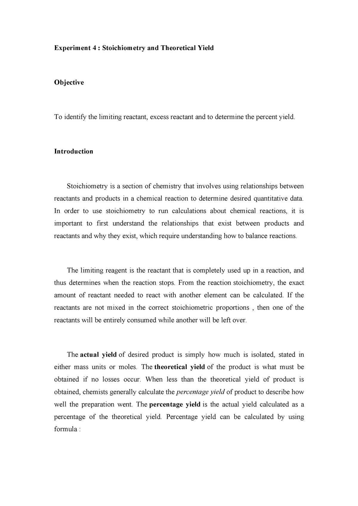 Chm 420 Laboratory Report Experiment 4 - Experiment 4 : Stoichiometry 