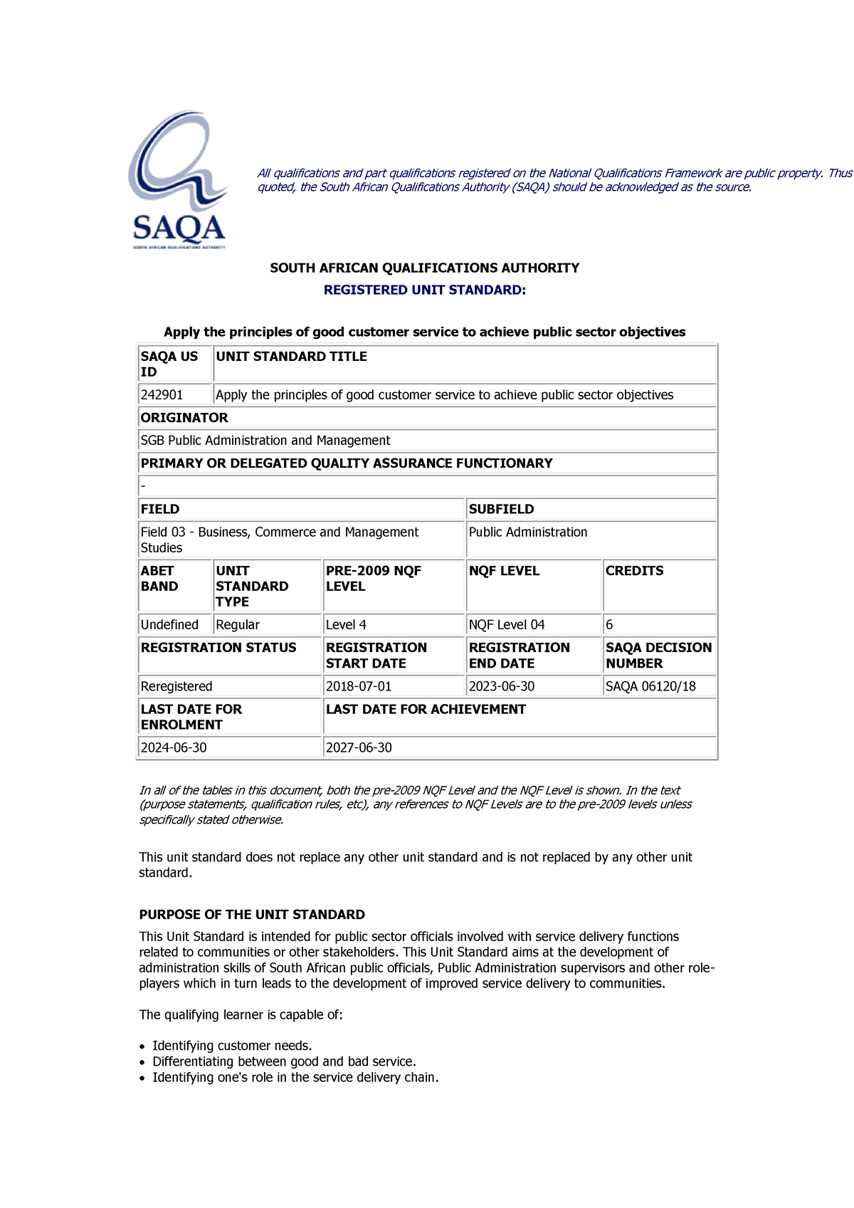 SAQA 242901 - SAQA - All qualifications and part qualifications ...