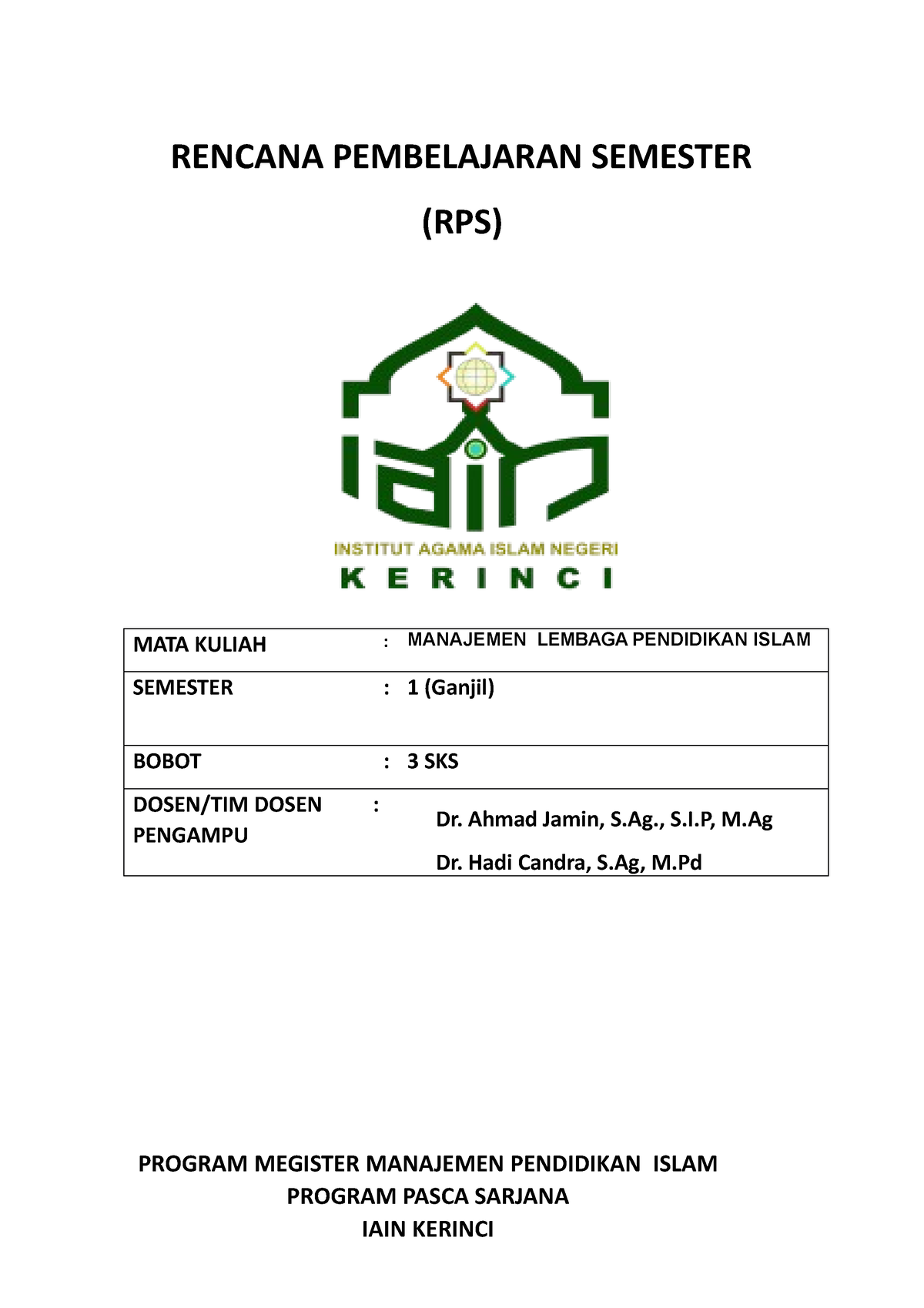 RPS Manajemen Lembaga Pendidikan Islam MPI S2 - RENCANA PEMBELAJARAN ...