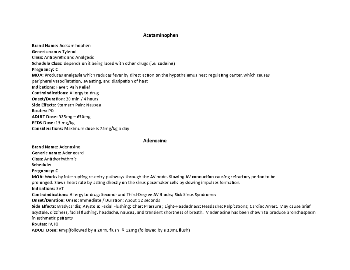 Pharmacology Drug Cards Acetaminophen Brand Name Acetaminophen