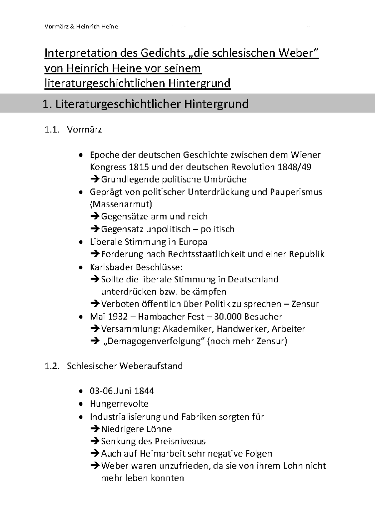 Die Schlesischen Weber Gedichtanalyse Handout schlesische weber - Interpretation des Gedichts „die
