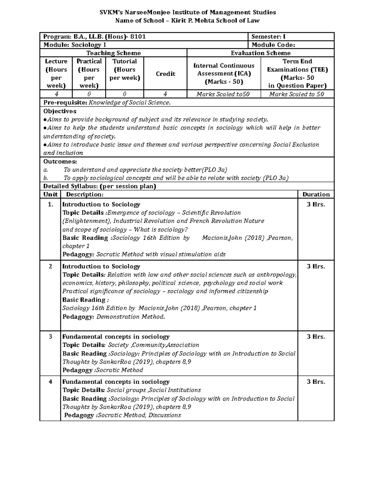 Course Outlines Sem I Sociology I - Program: B., LL. (Hons)- 8101 ...