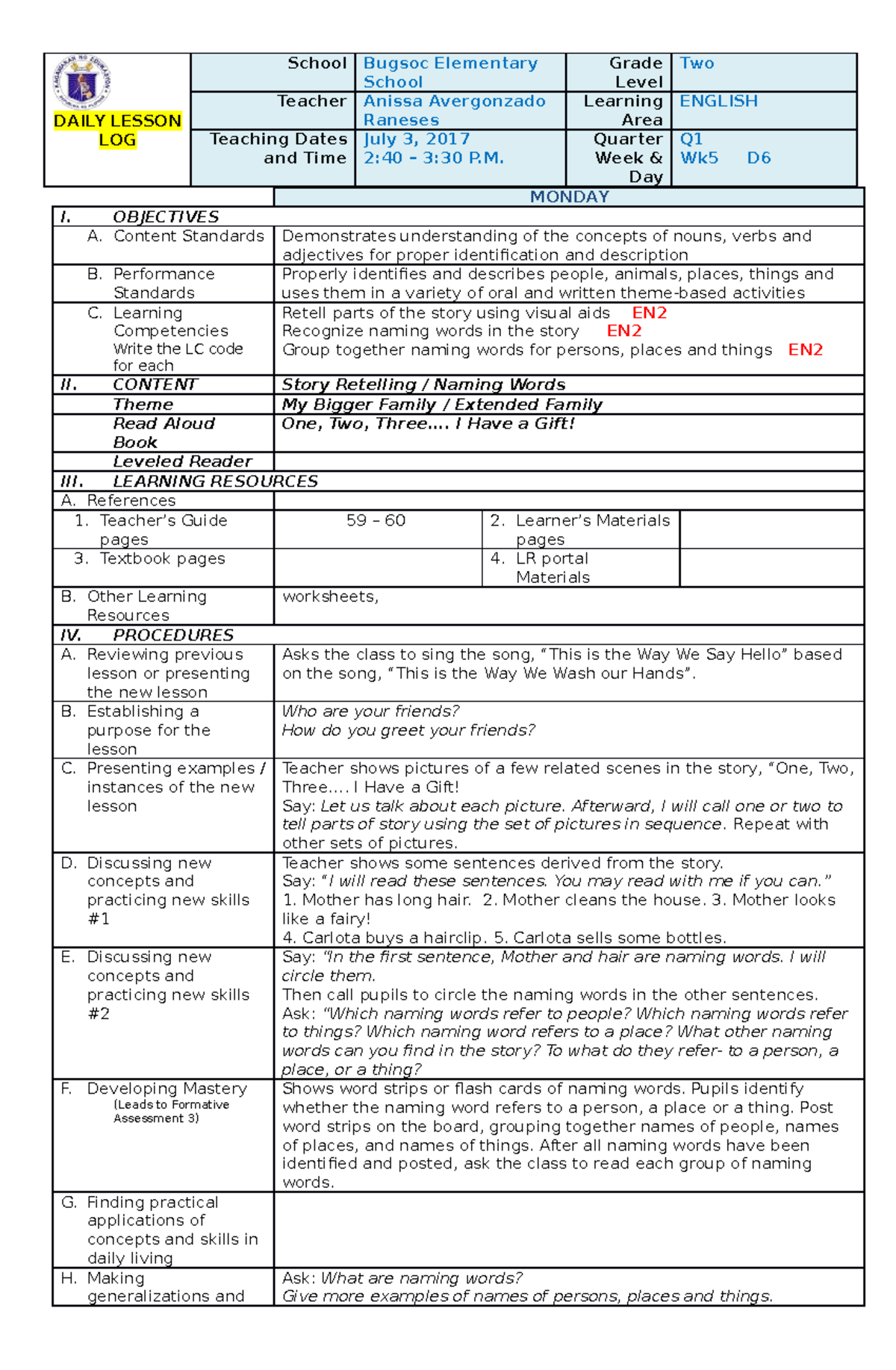 English 2 DLL - Q1 W5 - Lesson Log - DAILY LESSON LOG School Bugsoc ...