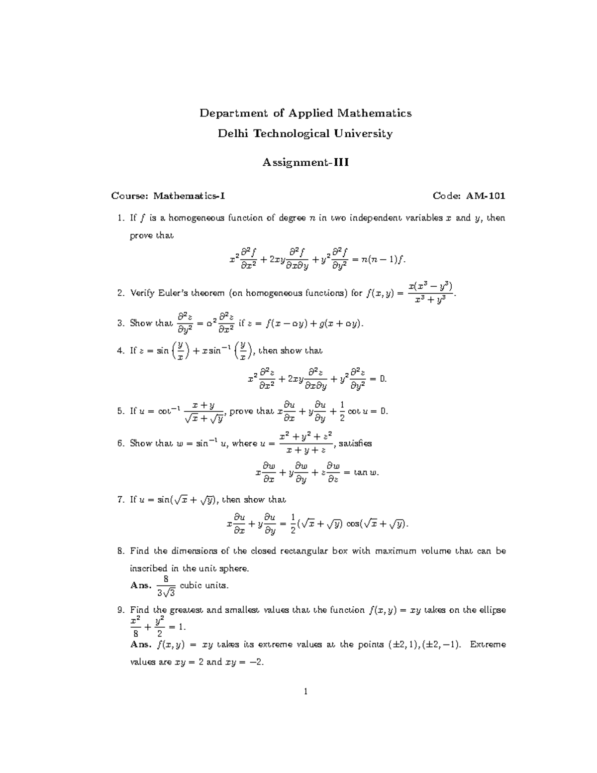 Am101 Assignment Iii 2023 24 Session Department Of Applied Mathematics Delhi Technological Am101 Assignment Iii 2023 24 Session Department Of Applied Mathematics Delhi Technological