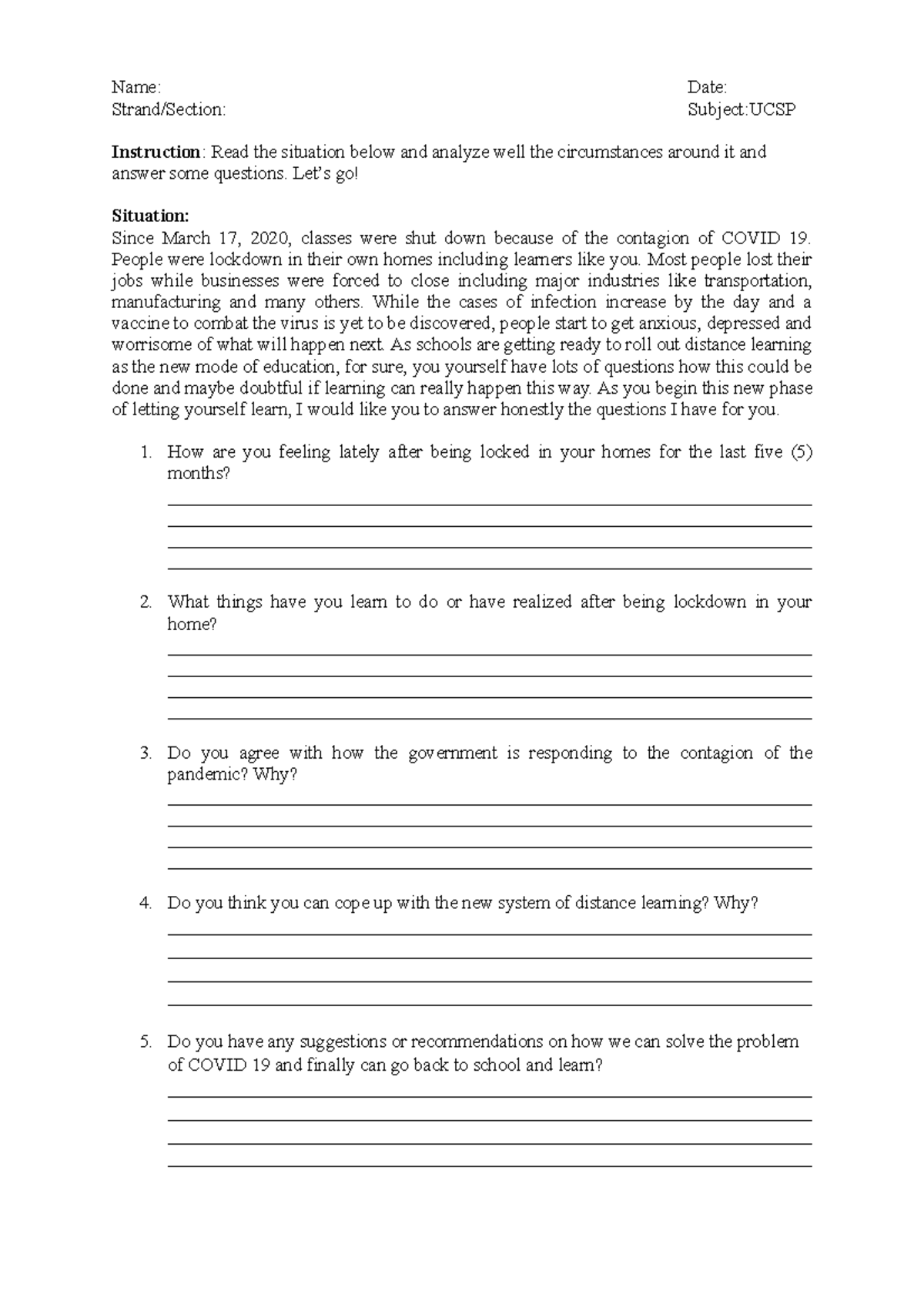 Ucsp act - Activity - Name: Date: Strand/Section: Subject:UCSP ...