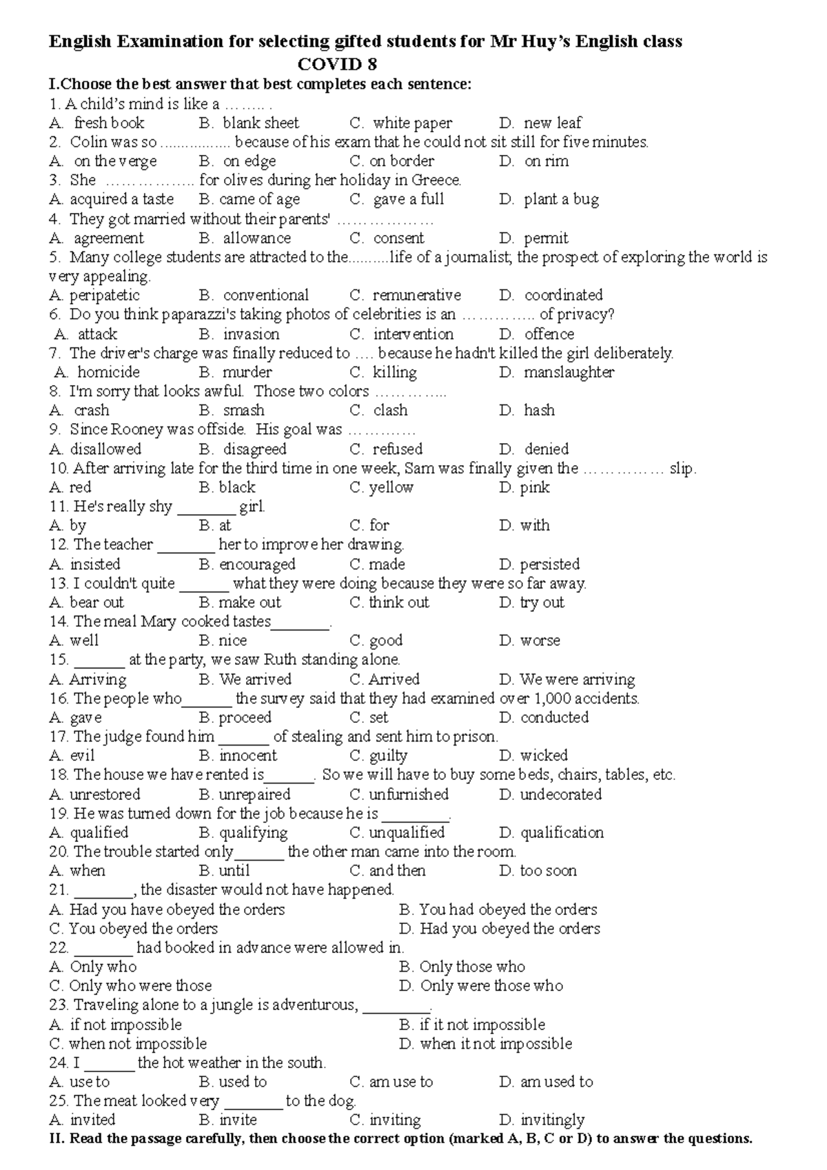 Covid 8 - English Examination for selecting gifted students for Mr Huy ...