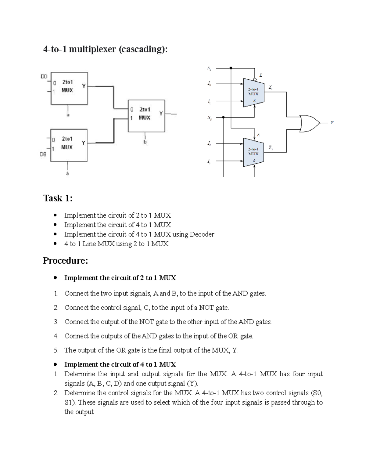 Lab 9 page - 4-to-1 multiplexer (cascading): Task 1: Implement the ...