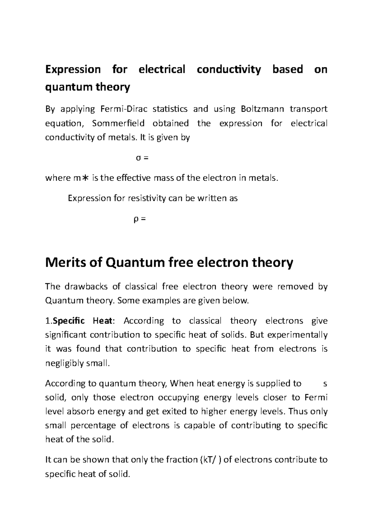 Expression for electrical conductivity based on quantum theory