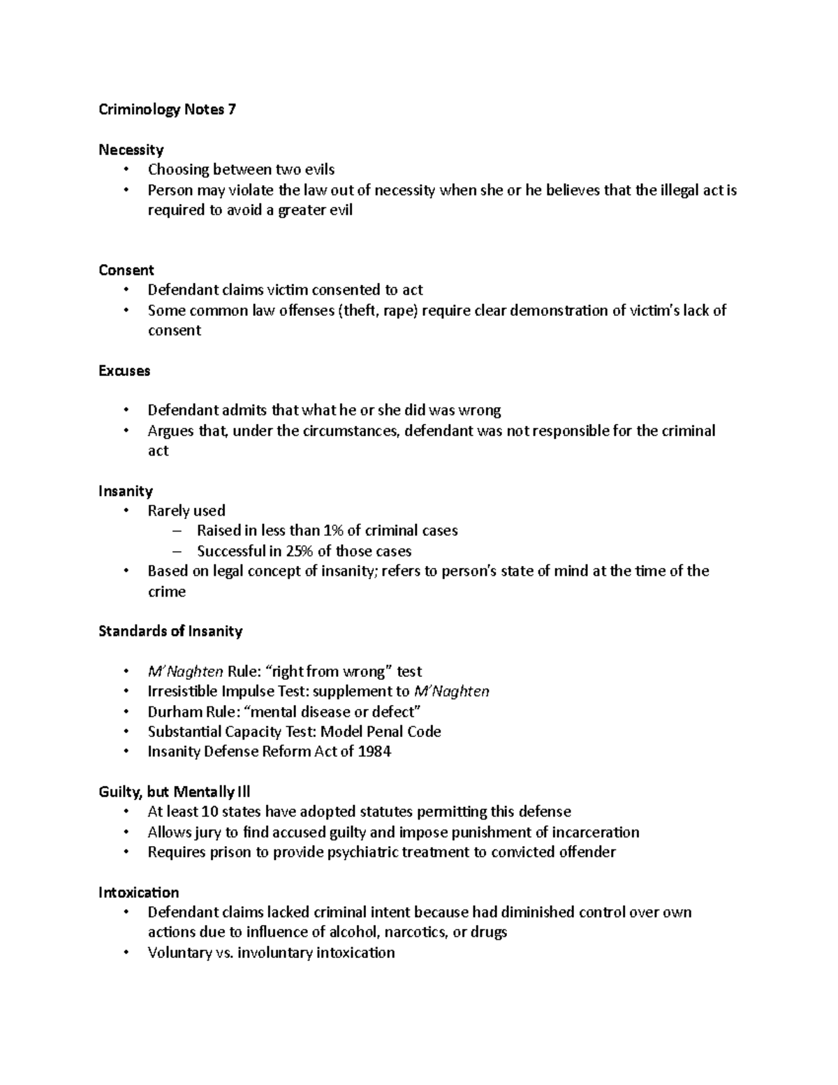 Criminology Notes 7 - involuntary intoxication Entrapment - Defendant ...