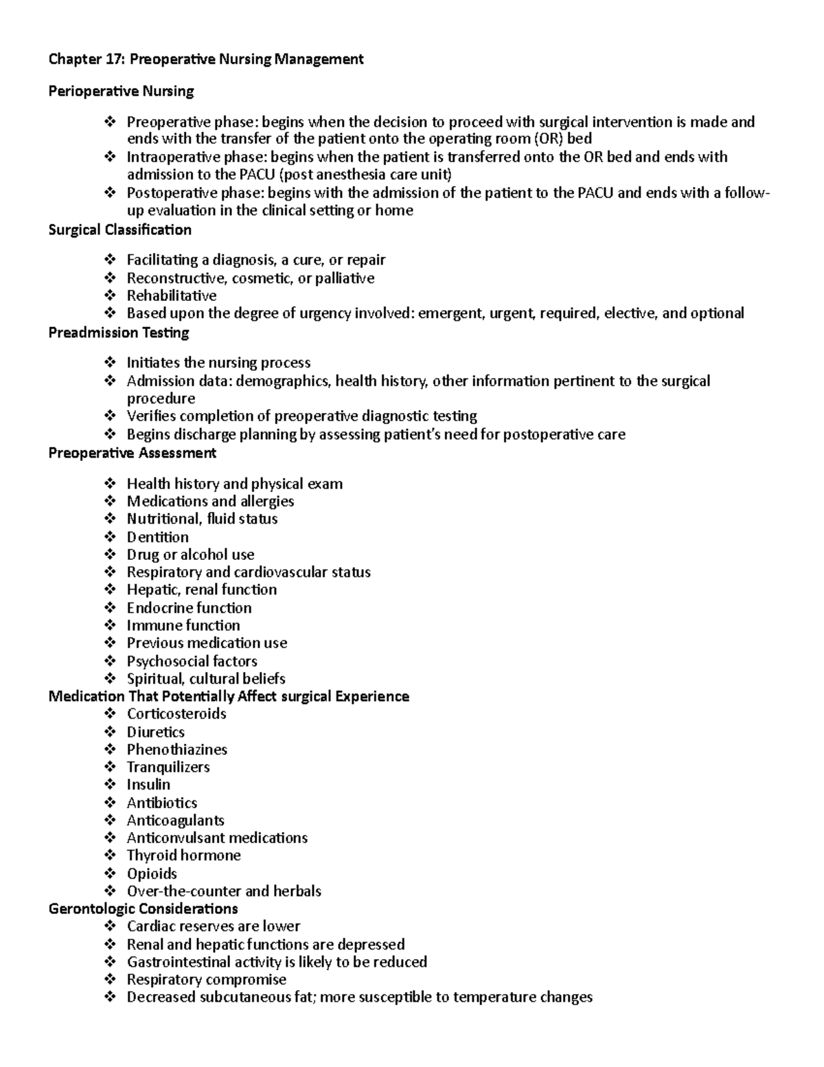 Chapter 17 preoperative nursing management - Chapter 17: Preoperative ...