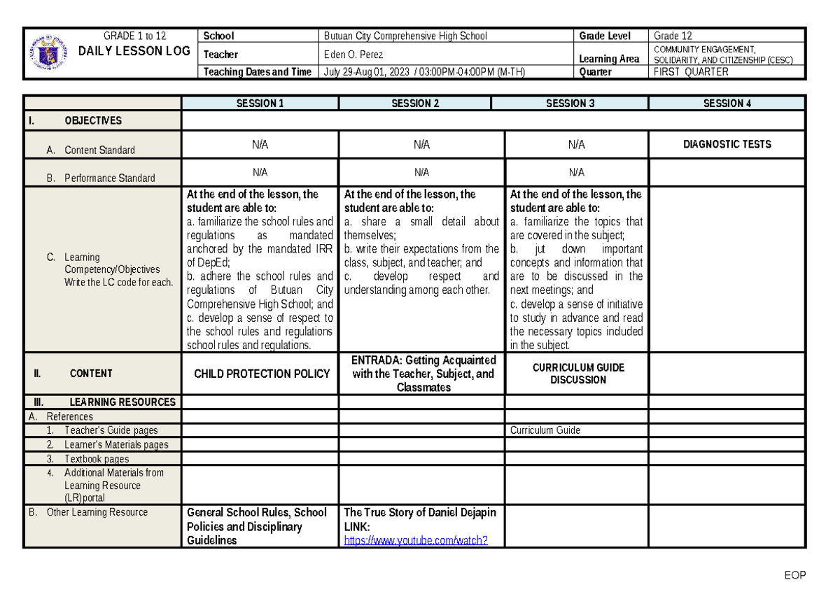 1. Q1-W1-July & Aug - DLL - GRADE 1 to 12 DAILY LESSON LOG School ...