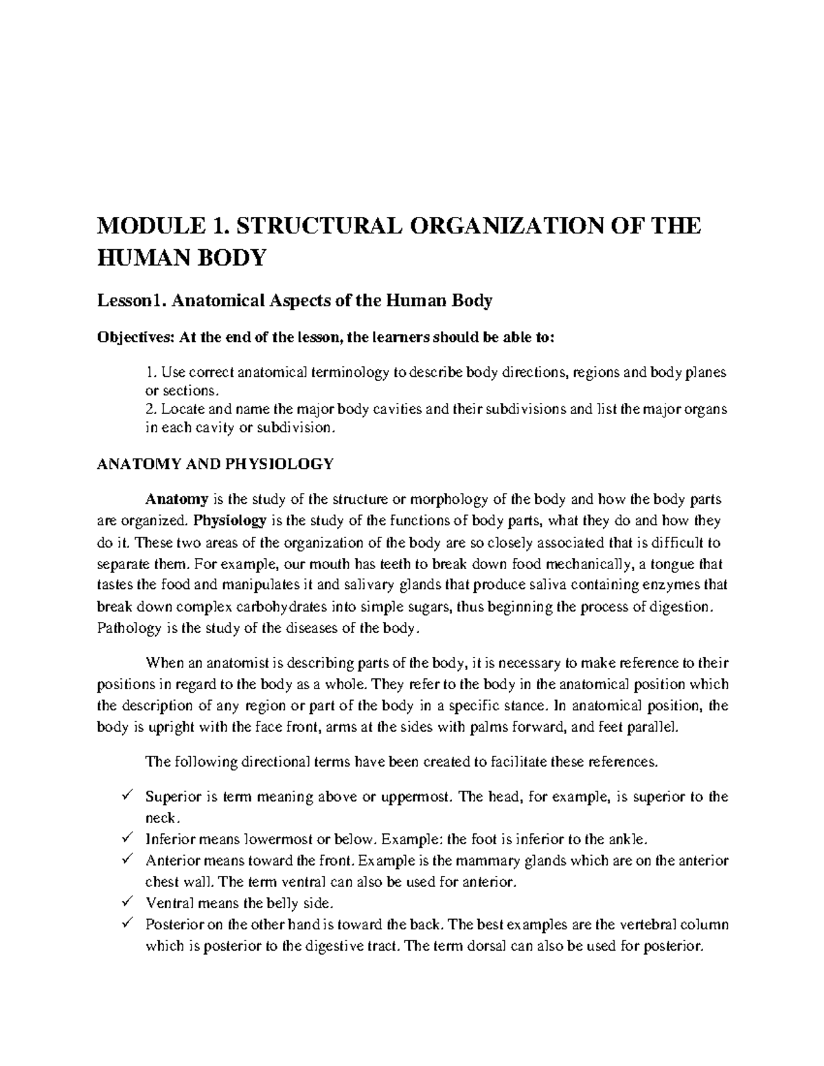 M1 Lesson 1 - BPED 2 - MODULE 1. STRUCTURAL ORGANIZATION OF THE HUMAN ...