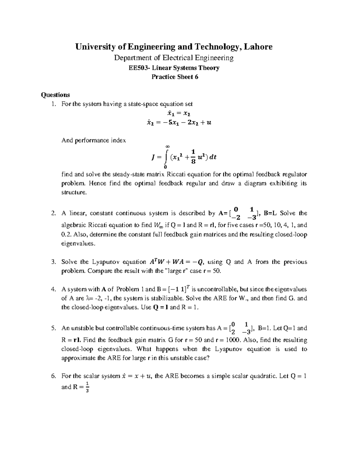 Practice Sheet 6 linear control system University of Engineering