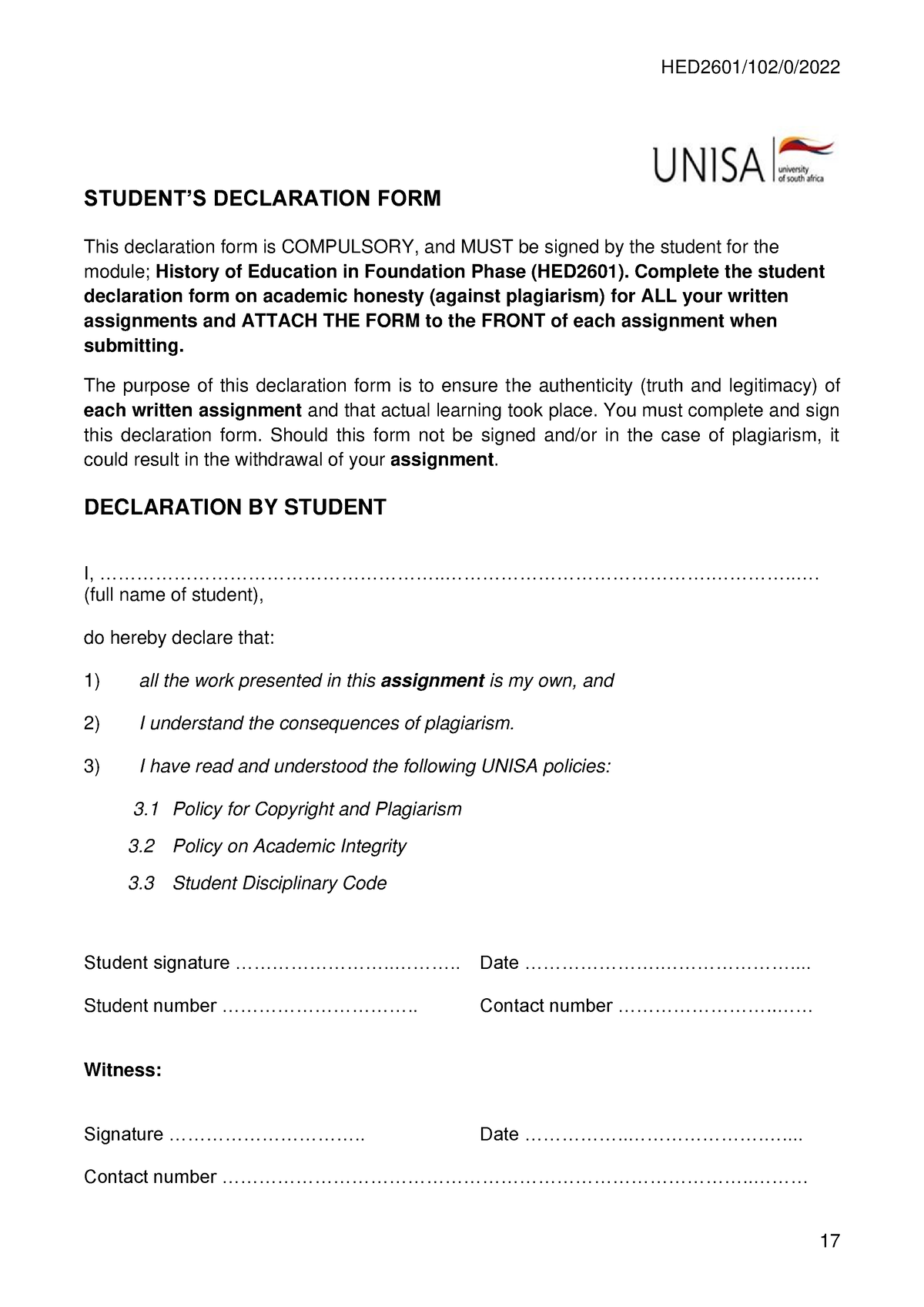 unisa assignment declaration form 2022 pdf download