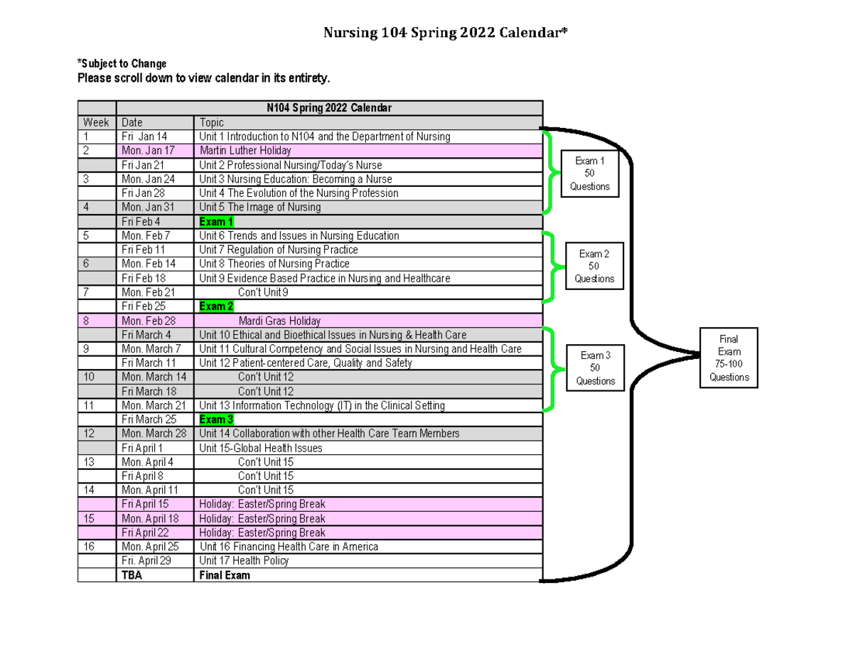 N104Sp22Calendar Student 2022 calendar update for student in the spring