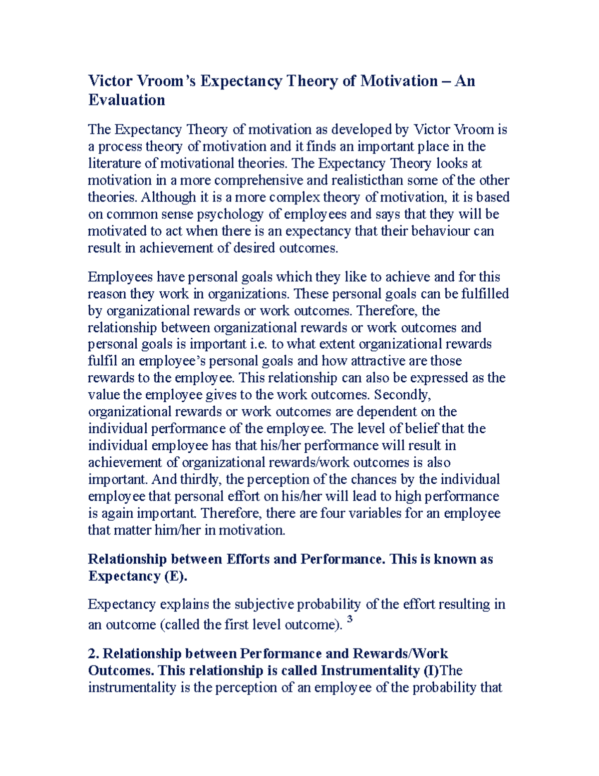 Victor Vrooms Expectancy Theory of Motivation An Evaluation Victor