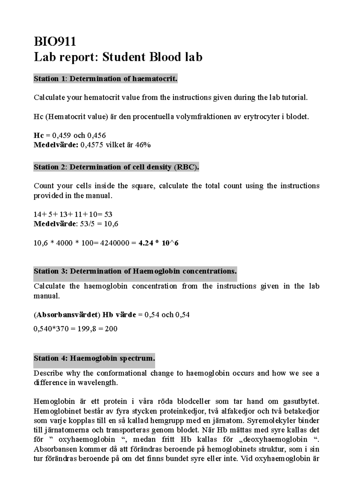 Blood lab, BIO911 Obligatorisk labb BIO Lab report Student Blood