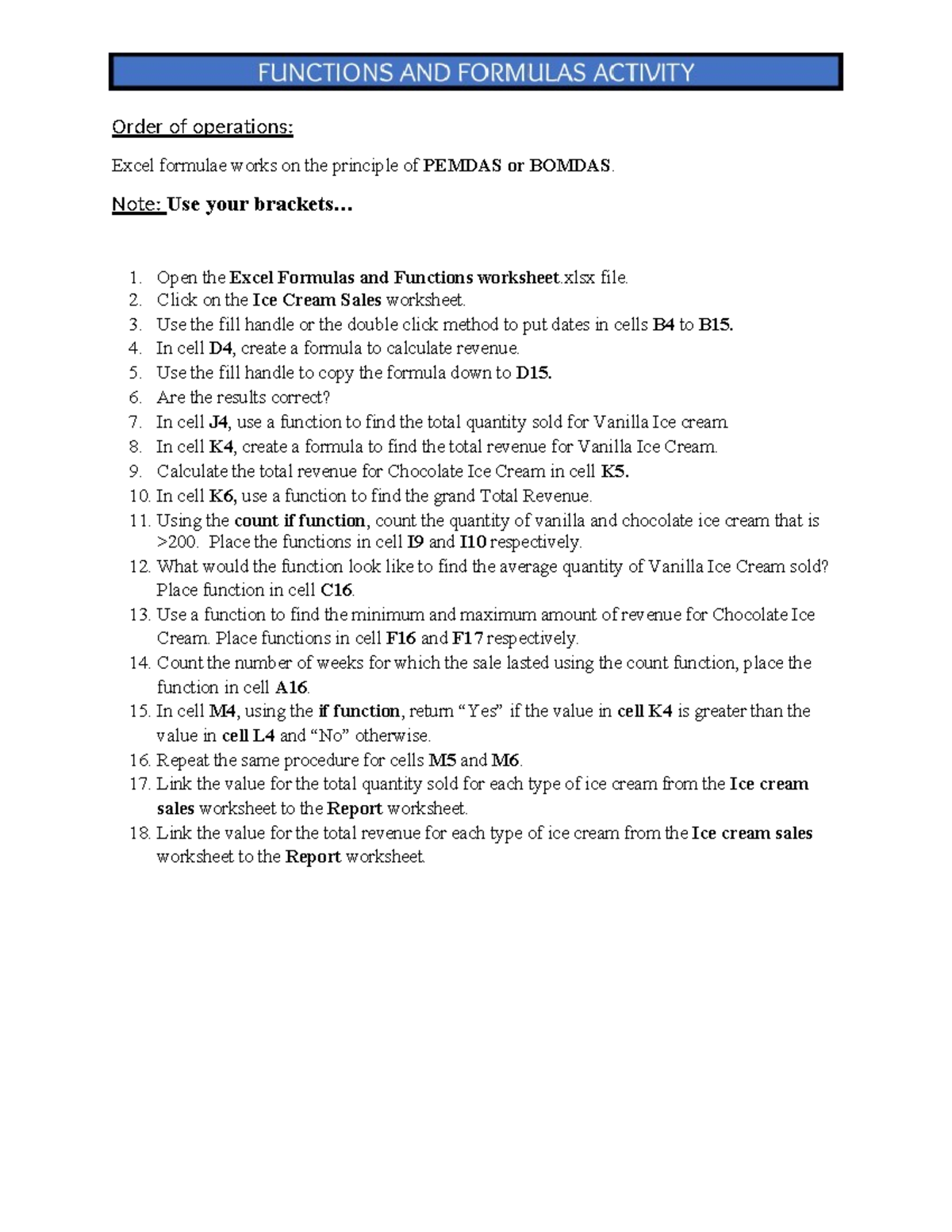 Functions and Formula worksheet Instructions - Order of operations ...