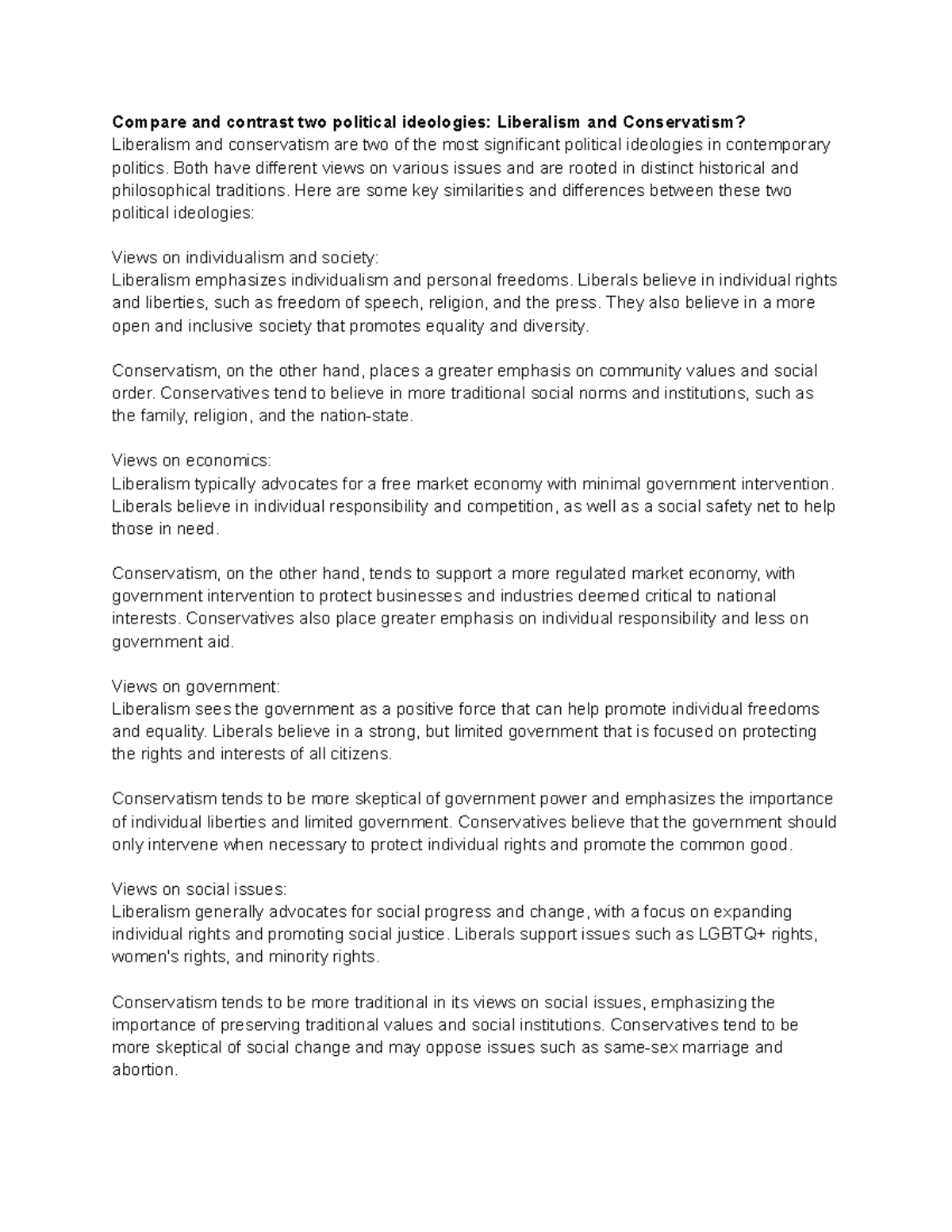 Compare and contrast two political ideologies Liberalism and