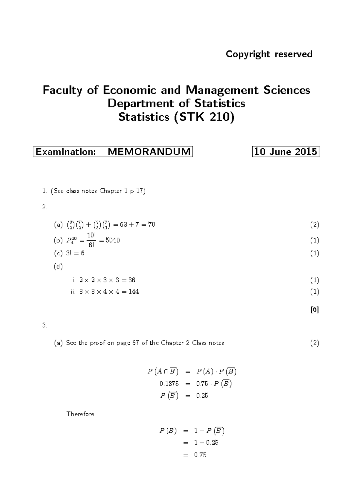 STK 210 Exam 2015 MEMO - Past exam - Copyright reserved Faculty of ...