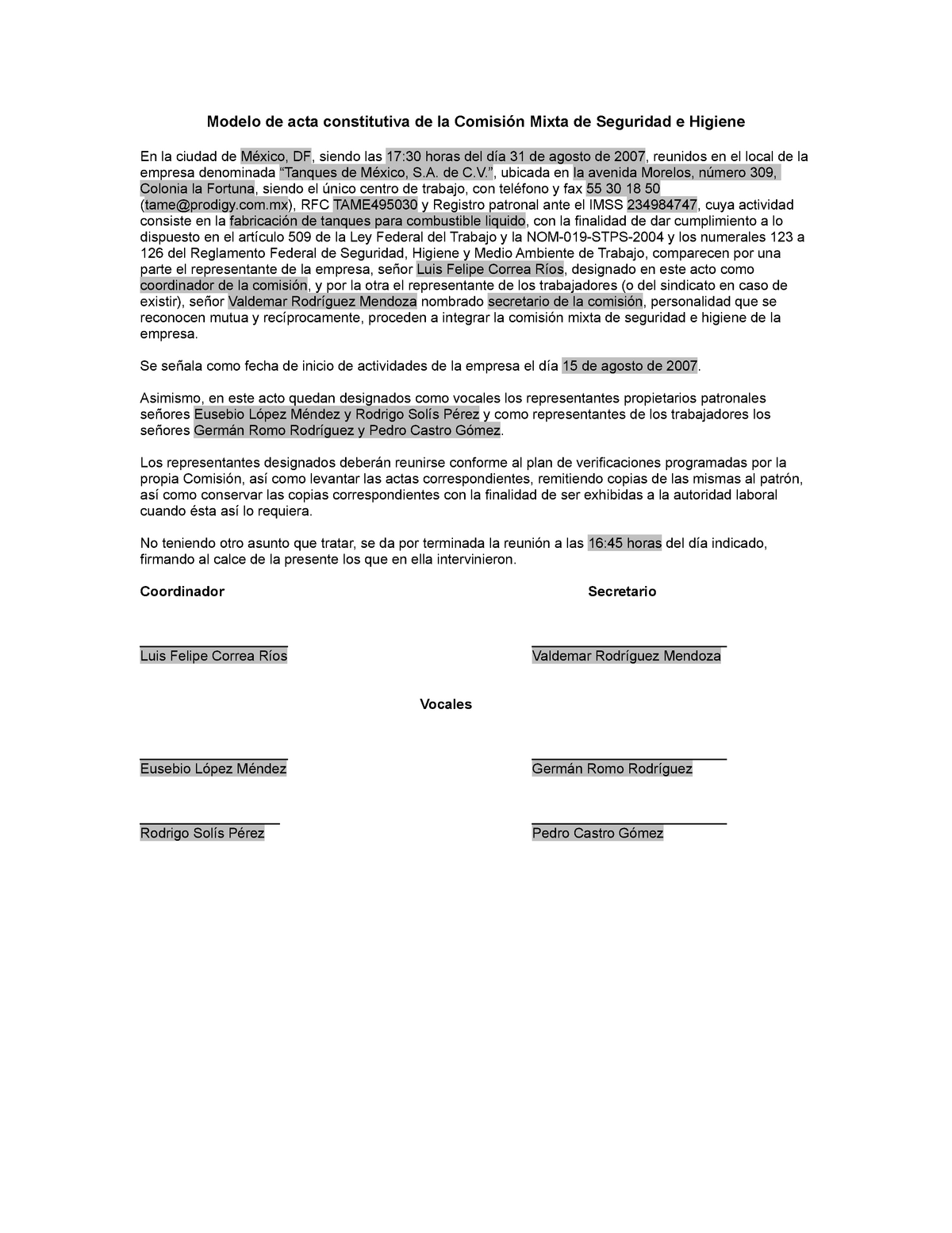 Acta Constitutiva De La Comisin Mixta De Seguridad E Higiene Modelo De Acta Constitutiva De La