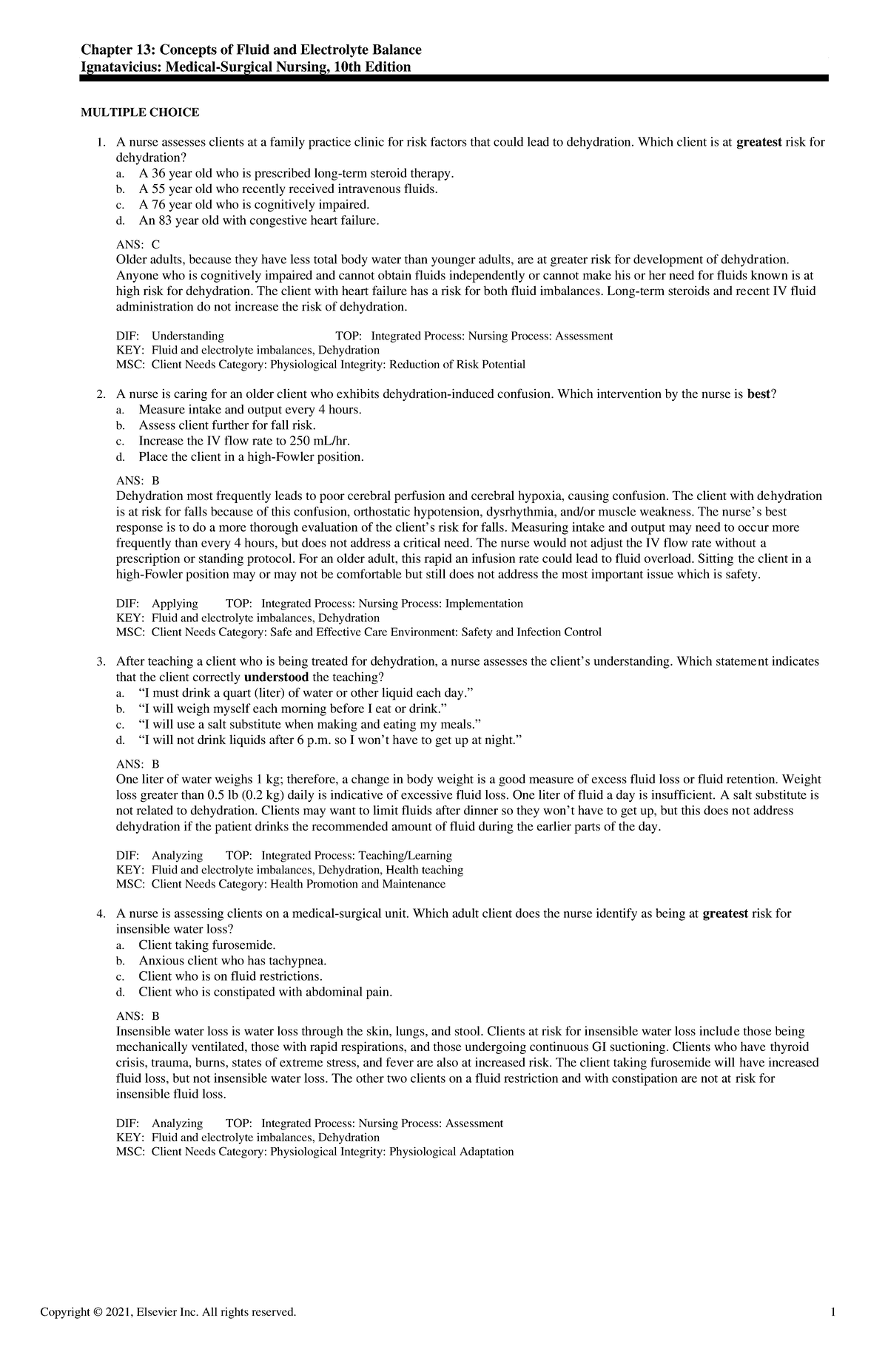 Exam View - Chapter 13 - Chapter 13: Concepts Of Fluid And Electrolyte ...