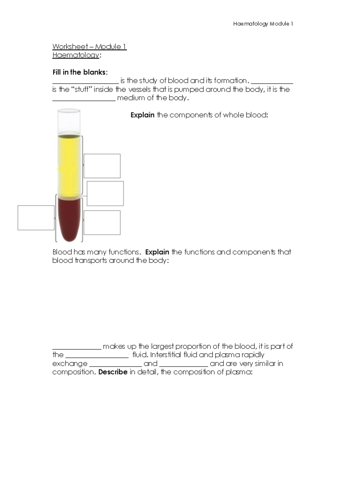 1 Worksheet Haematology Module 1 - Haematology Module 1 Worksheet ...