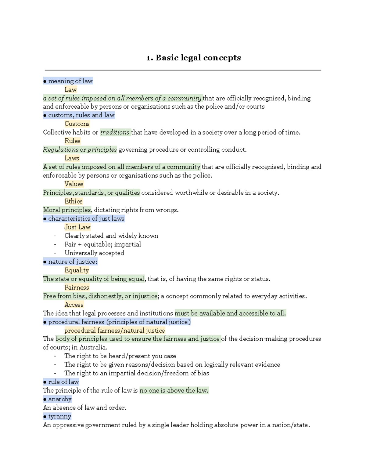 Legal Studies DOC - 1. Basic legal concepts meaning of law Law a set of ...
