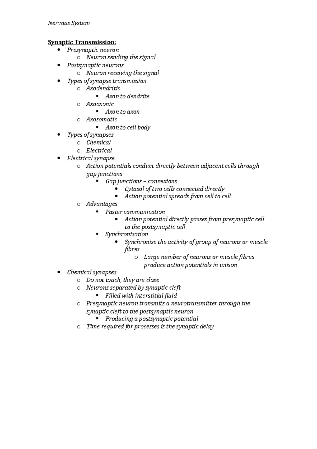 Synaptic Transmission Lecture Notes - Nervous System Synaptic ...