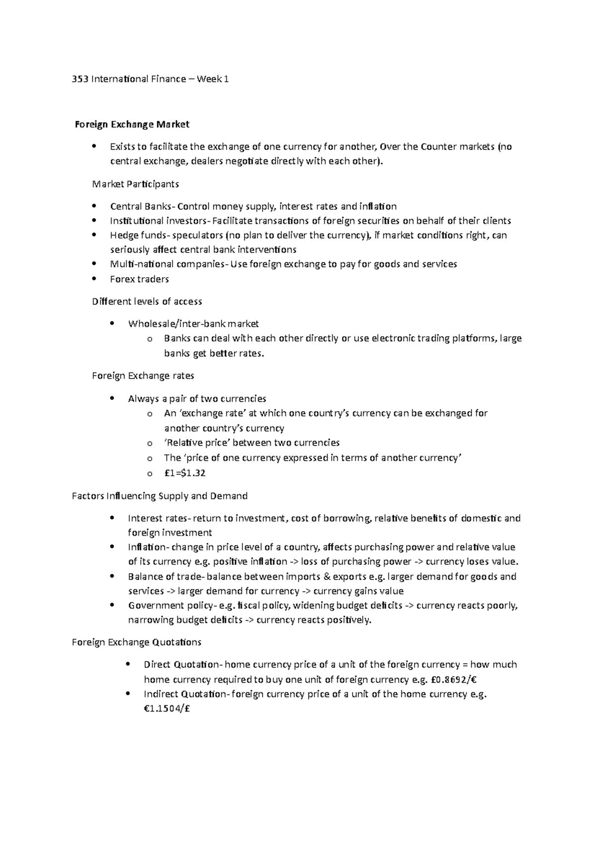 Week 1 notes - 353 International Finance – Week 1 Foreign Exchange ...