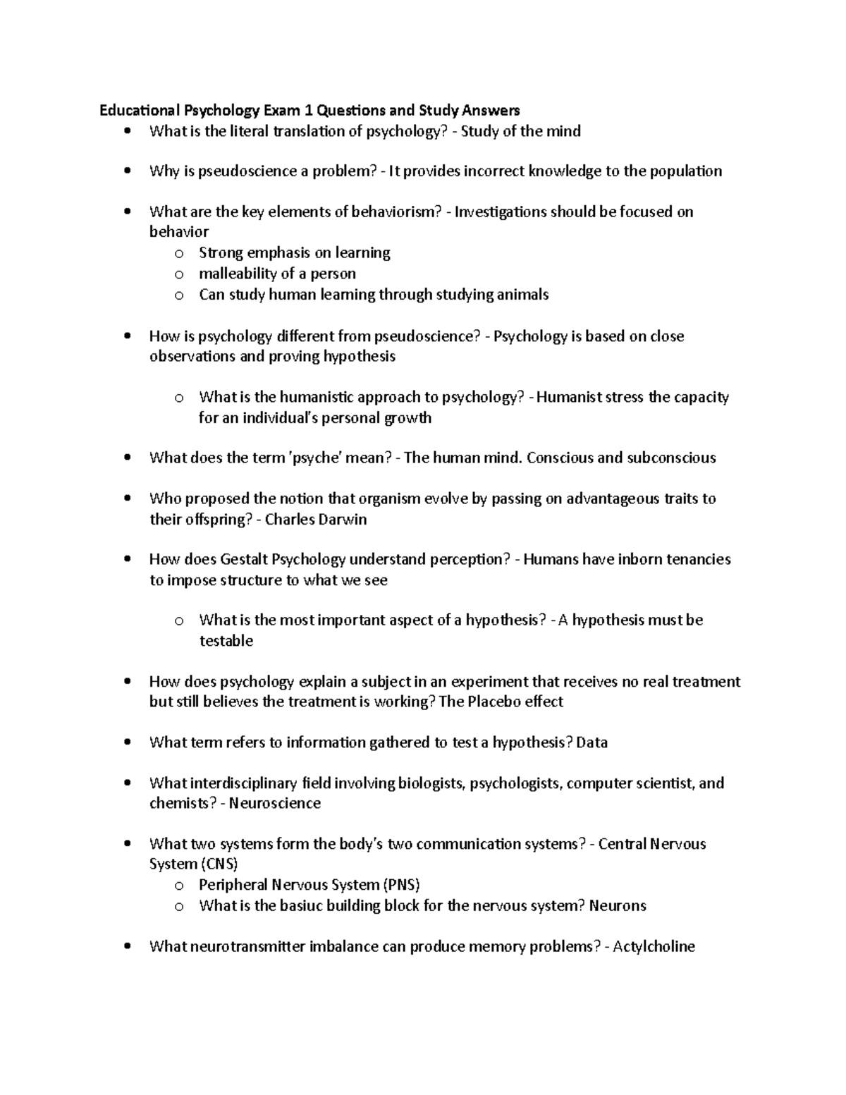 Educational Psychology Exam 1 Questions and Study Answers Conscious