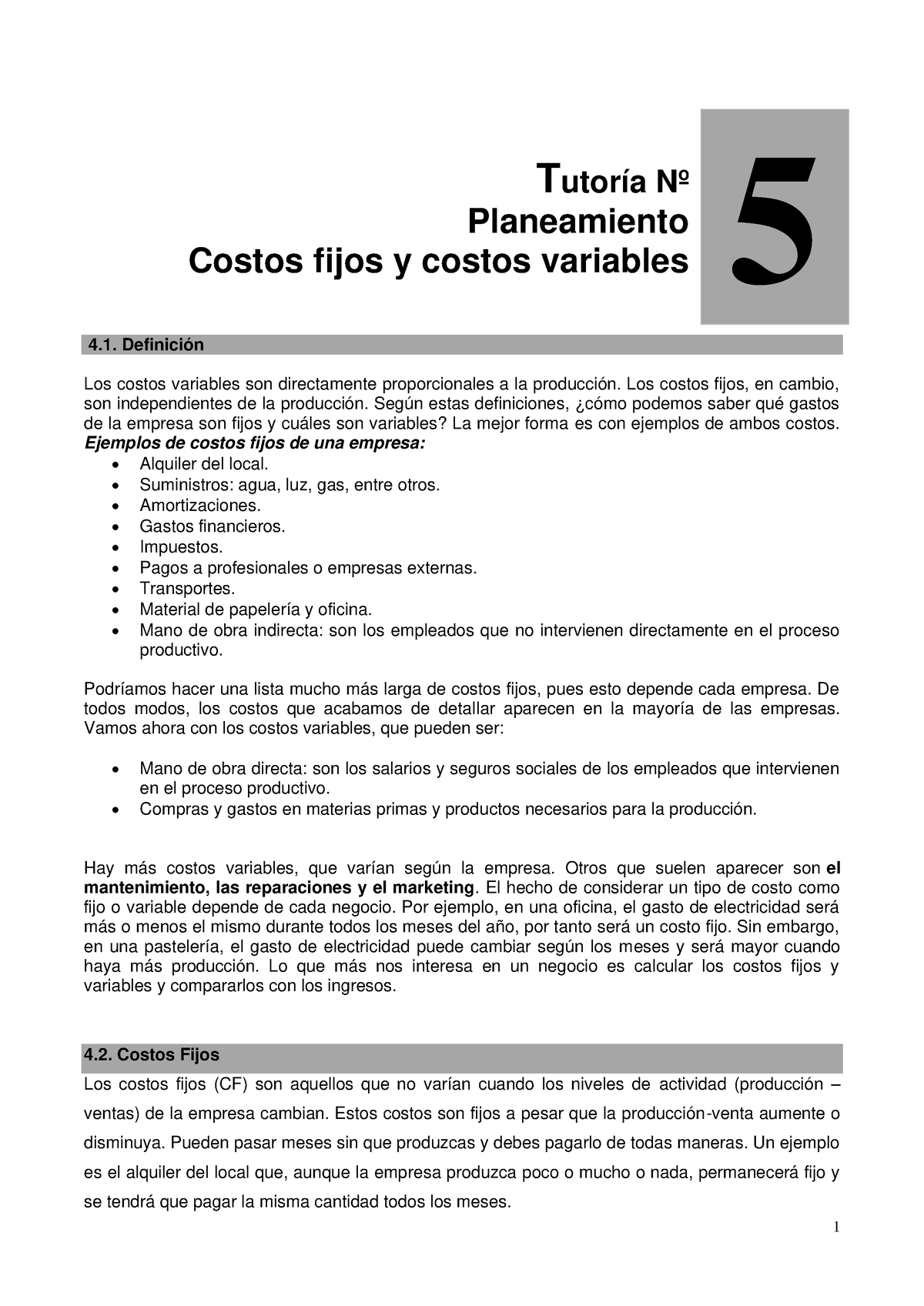 Costos Fijos Y Costos Variables - Tutoría Nº Planeamiento Costos Fijos ...