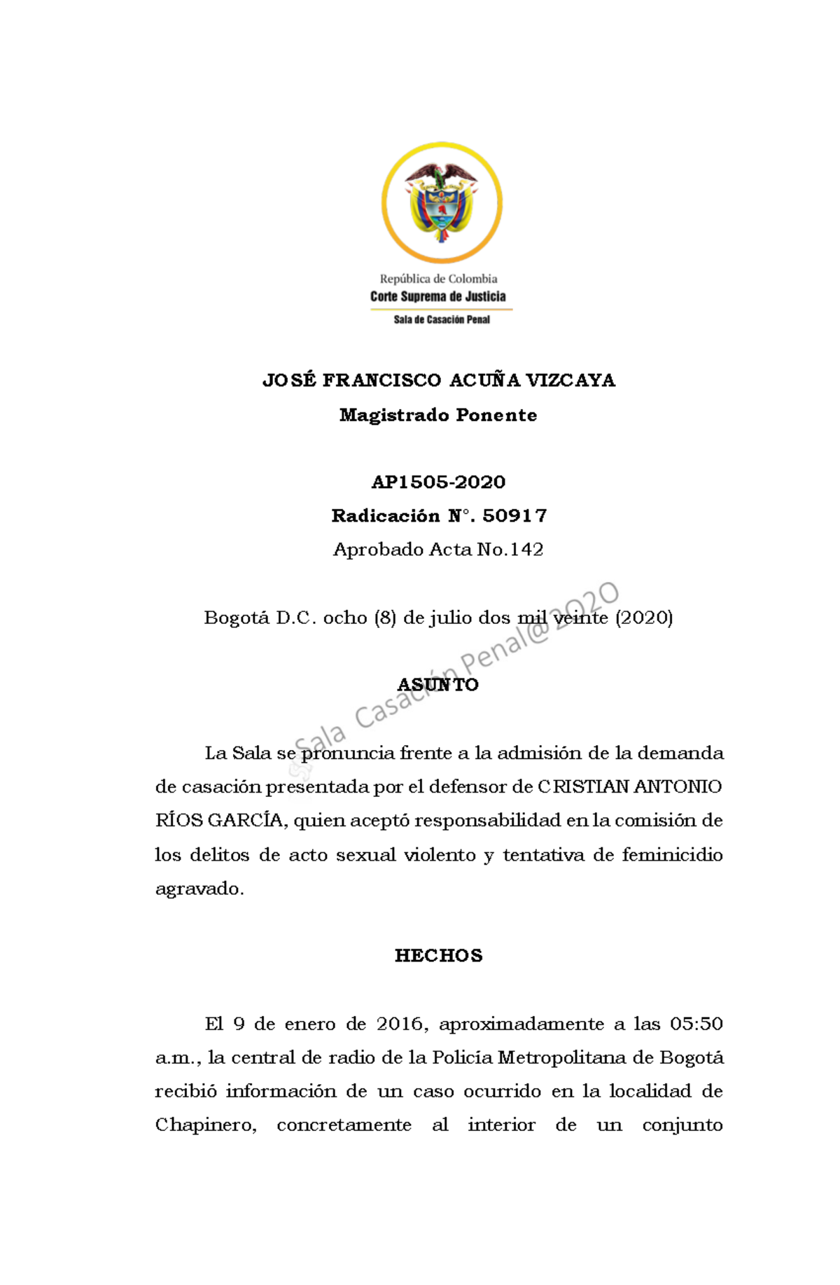 Feminicidio 2 - JOSÉ FRANCISCO ACUÑA VIZCAYA Magistrado Ponente AP1505 ...