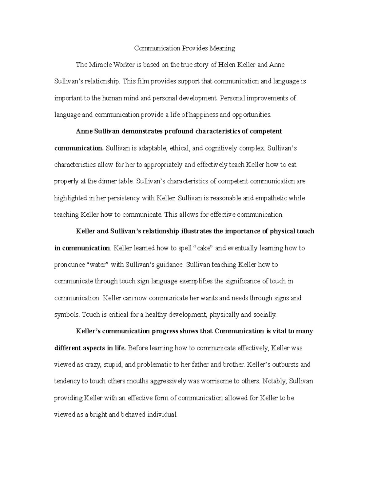 Communication Provides Meaning Helen Keller Anne Sullivan Studocu