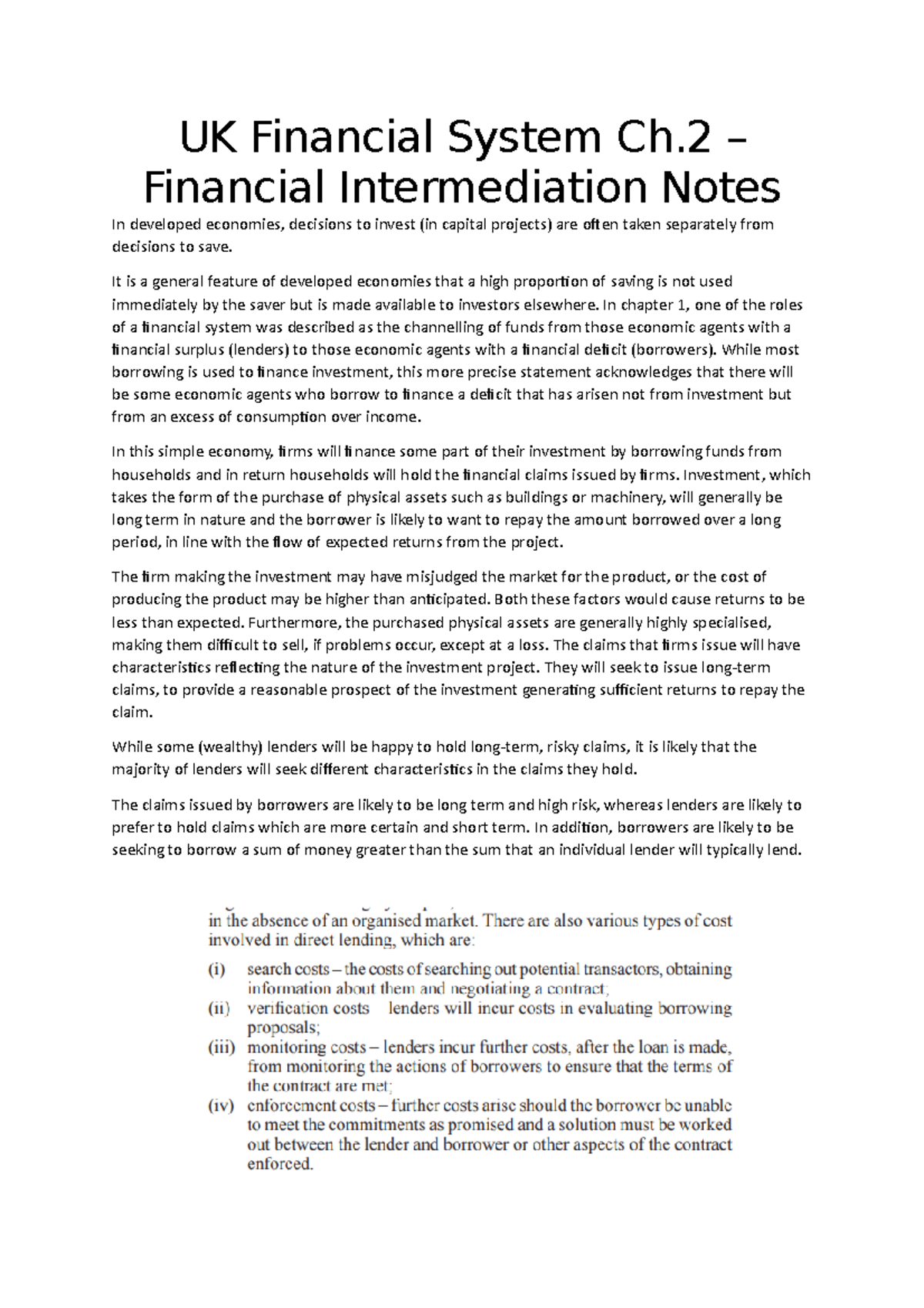 UK Financial System Ch.2 Financial Intermediation Notes - It Is A ...