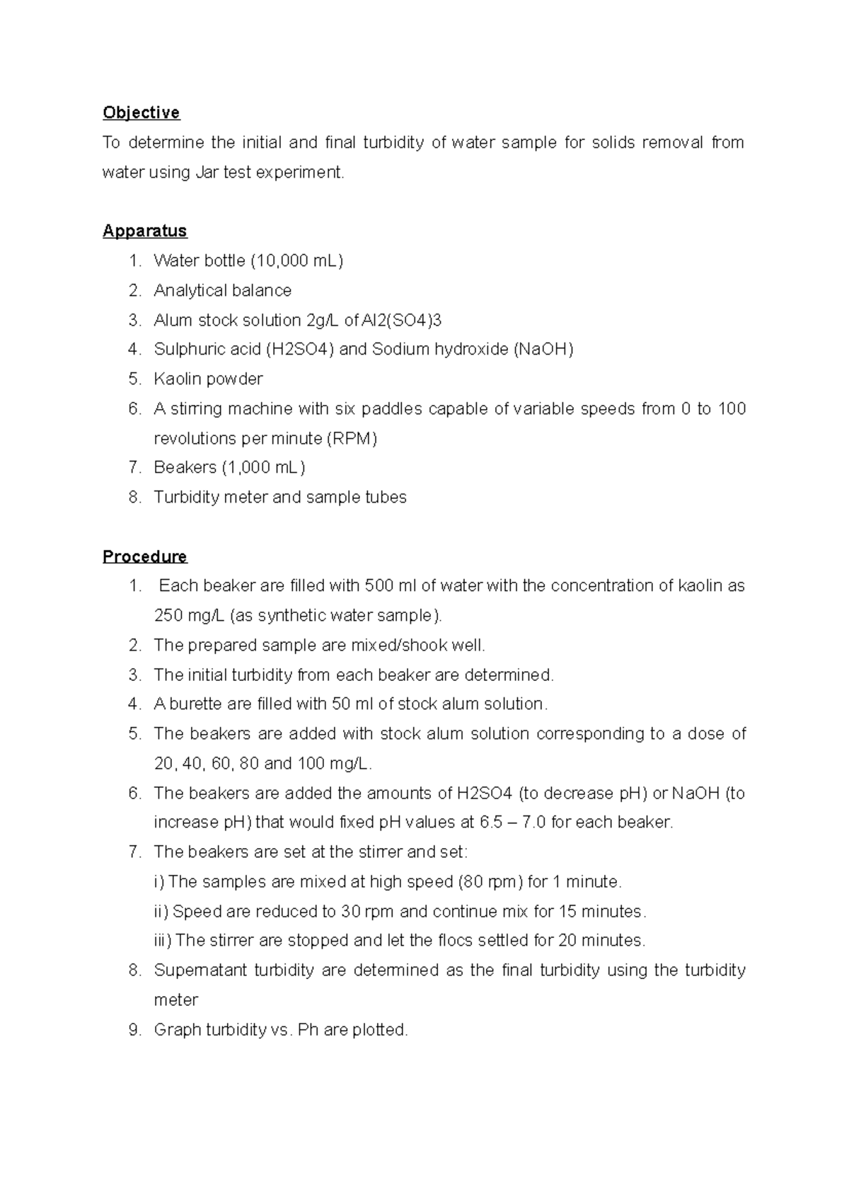 LAB Water JAR TEST ,LAB Water JAR TEST Civil Engineering UiTM Studocu