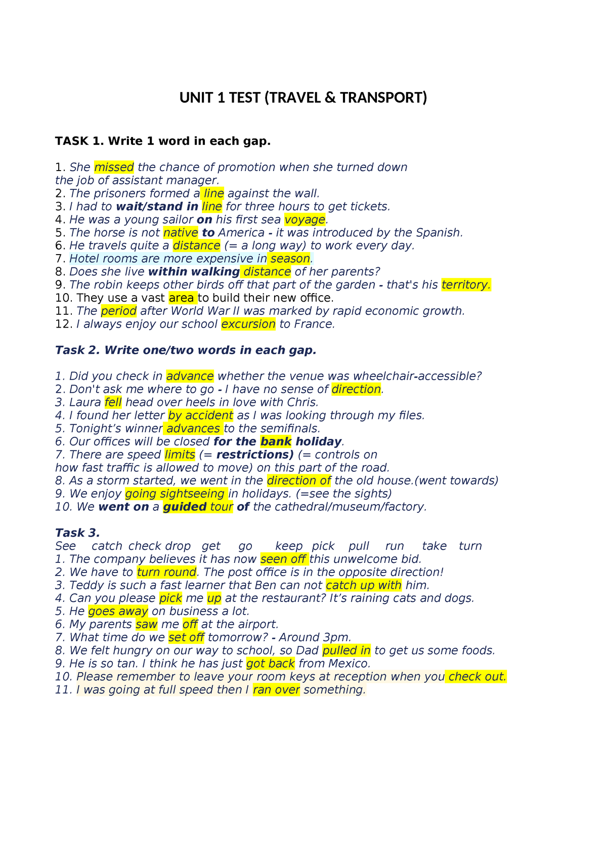 B2 UNIT 1 TEST - B2 Destination - UNIT 1 TEST (TRAVEL & TRANSPORT) TASK ...