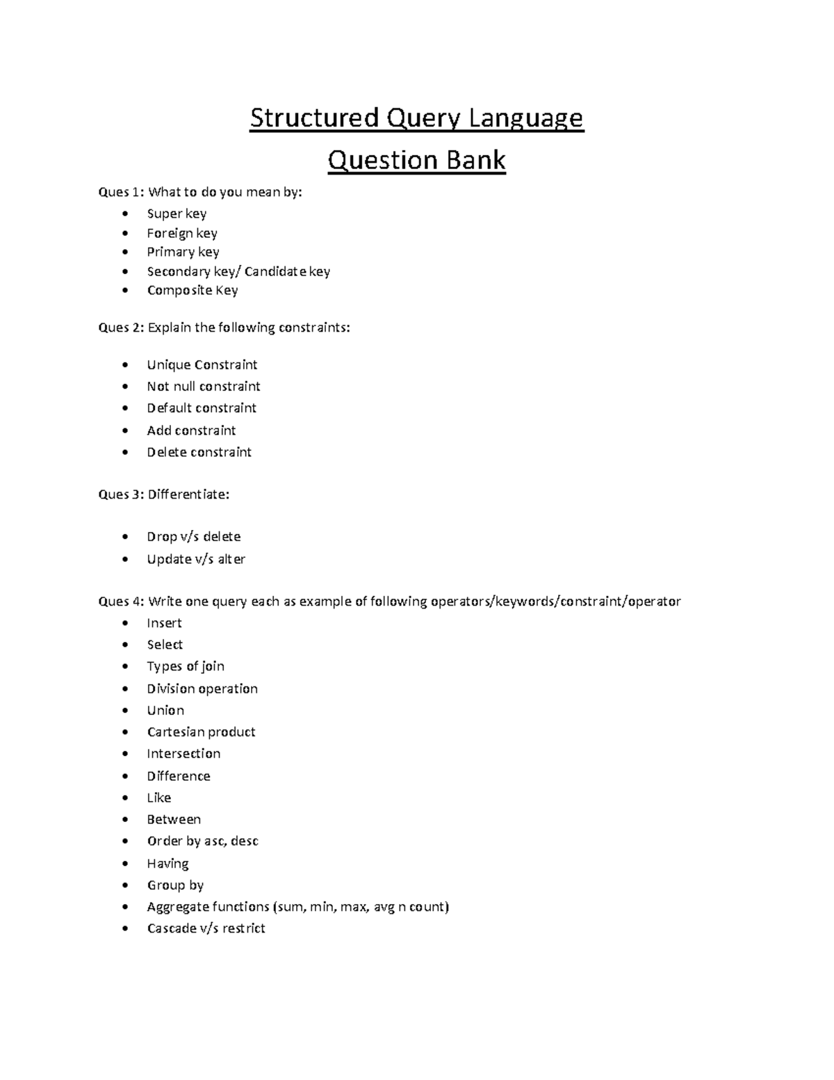 Question Bank SQL - Structured Query Language Question Bank Ques 1 ...