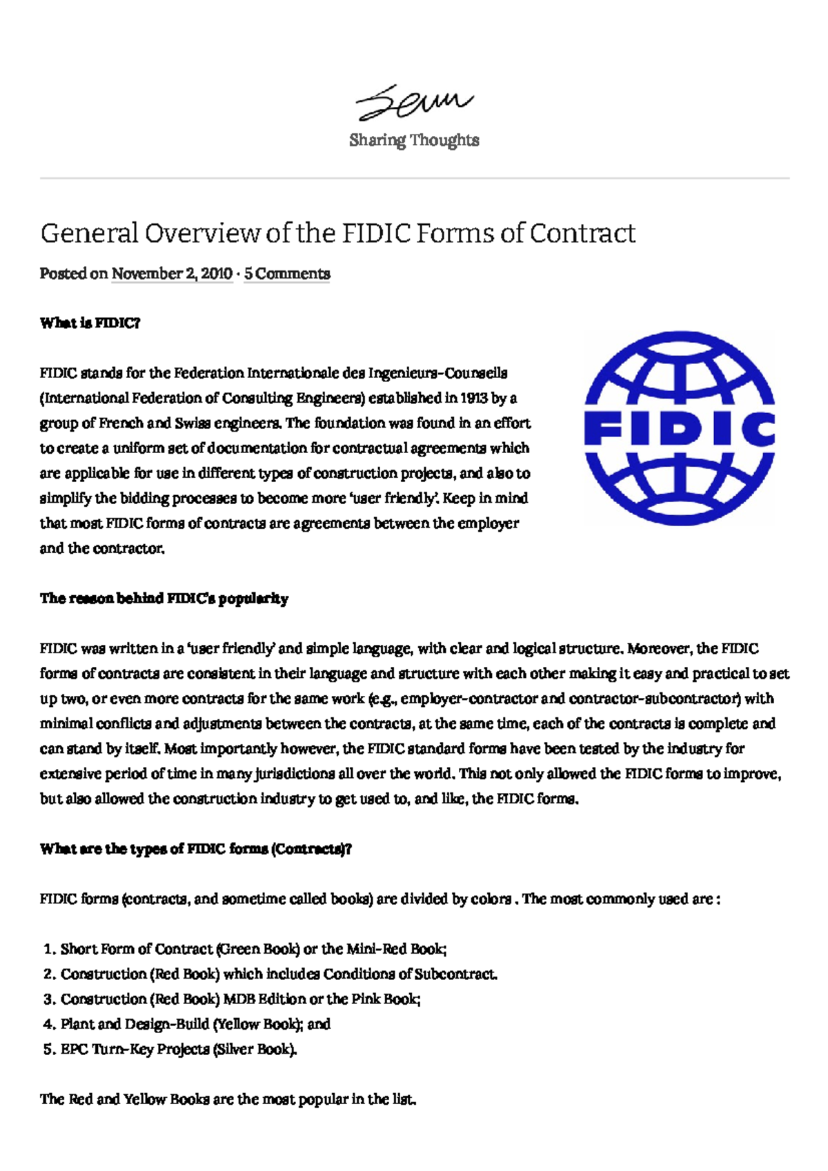 General Overview Of The Fidic Forms Of Contract - Sharing Thoughts ...