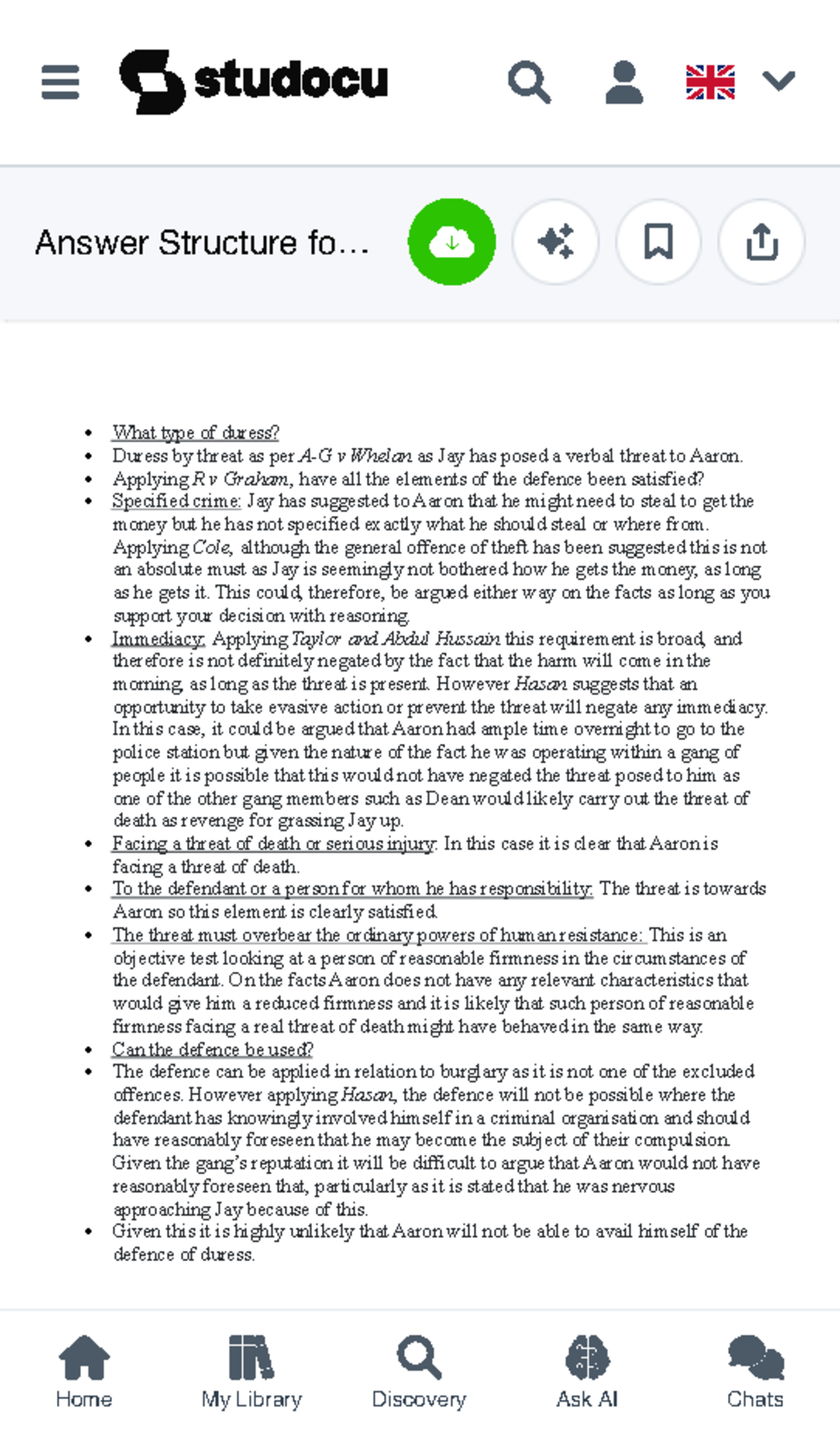 Answer Structure for Defence ( Criminal LAW) - Criminal LAW Duress AND ...