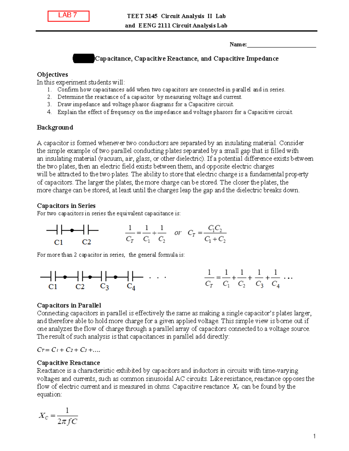 Capacitive Reactance Experiment LAB 7 and EENG 2111 Circuit