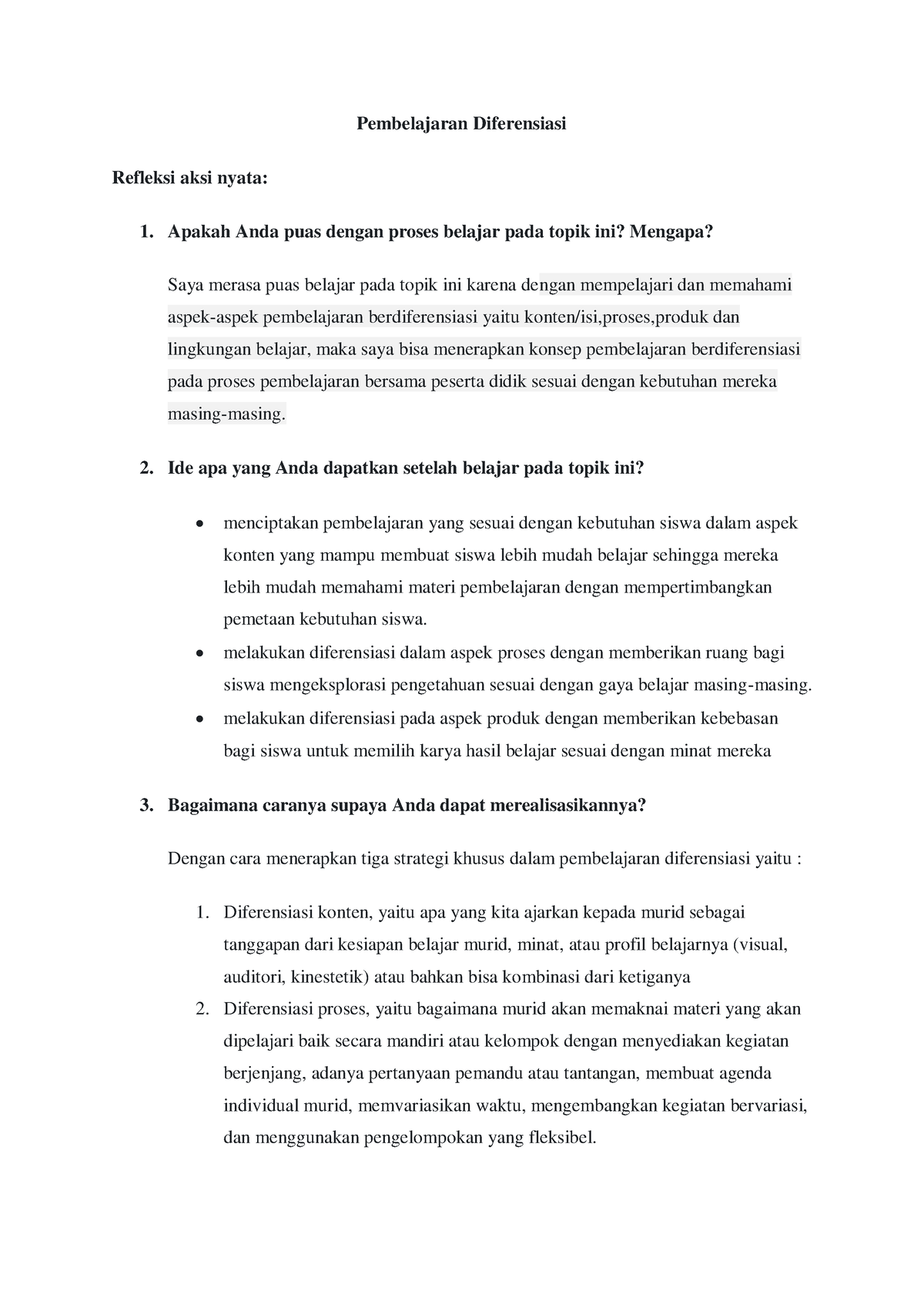 Aksi Nyata Pembelajaran Diferensiasi Pembelajaran Diferensiasi Refleksi Aksi Nyata Apakah 