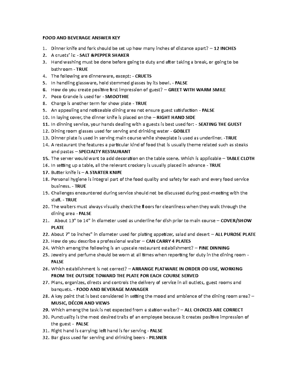 FOOD AND Beverage Answer KEY FOOD AND BEVERAGE ANSWER KEY Dinner