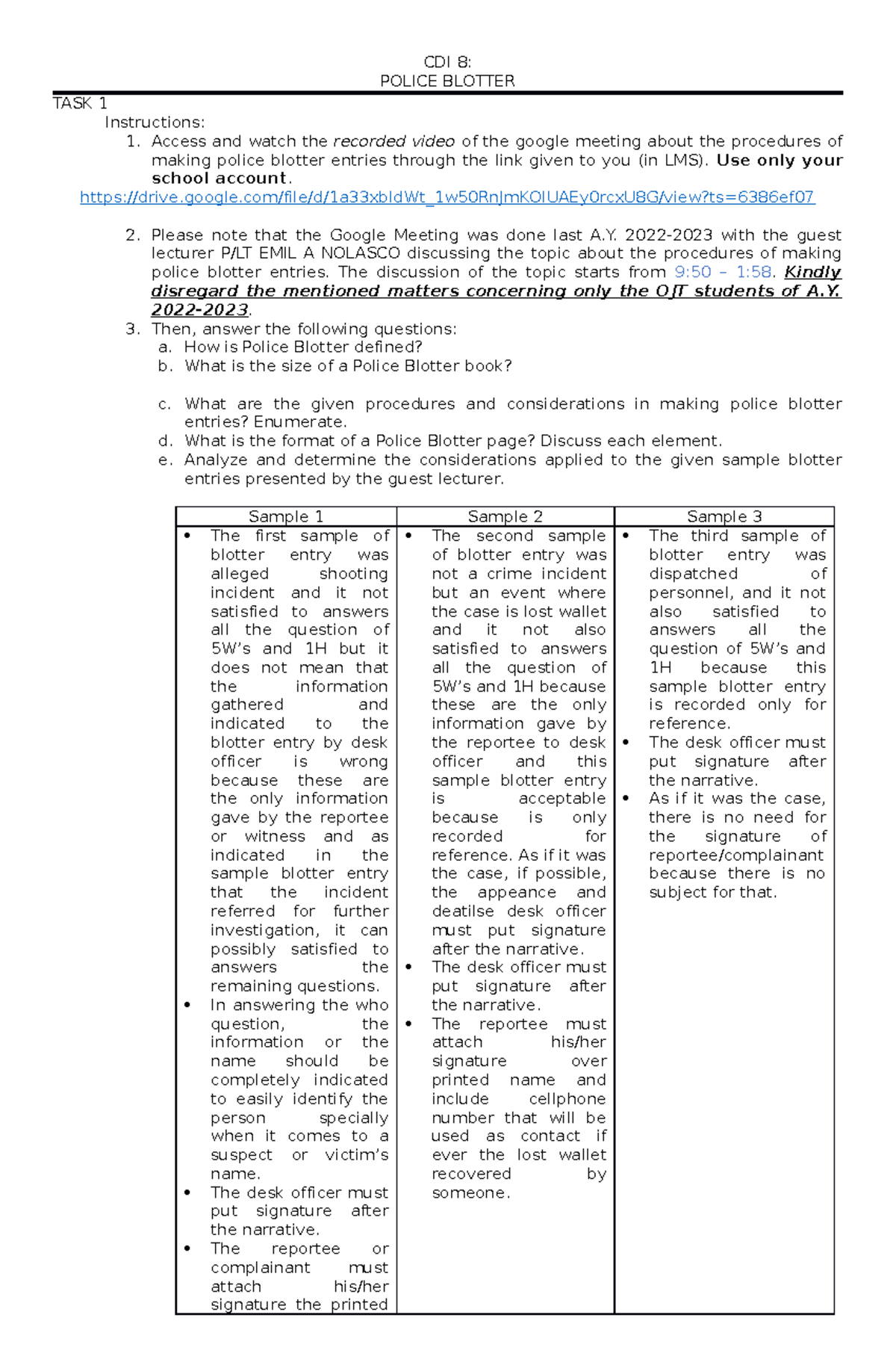 Tasks ON Police Blotter Entry - CDI 8: POLICE BLOTTER TASK 1 ...