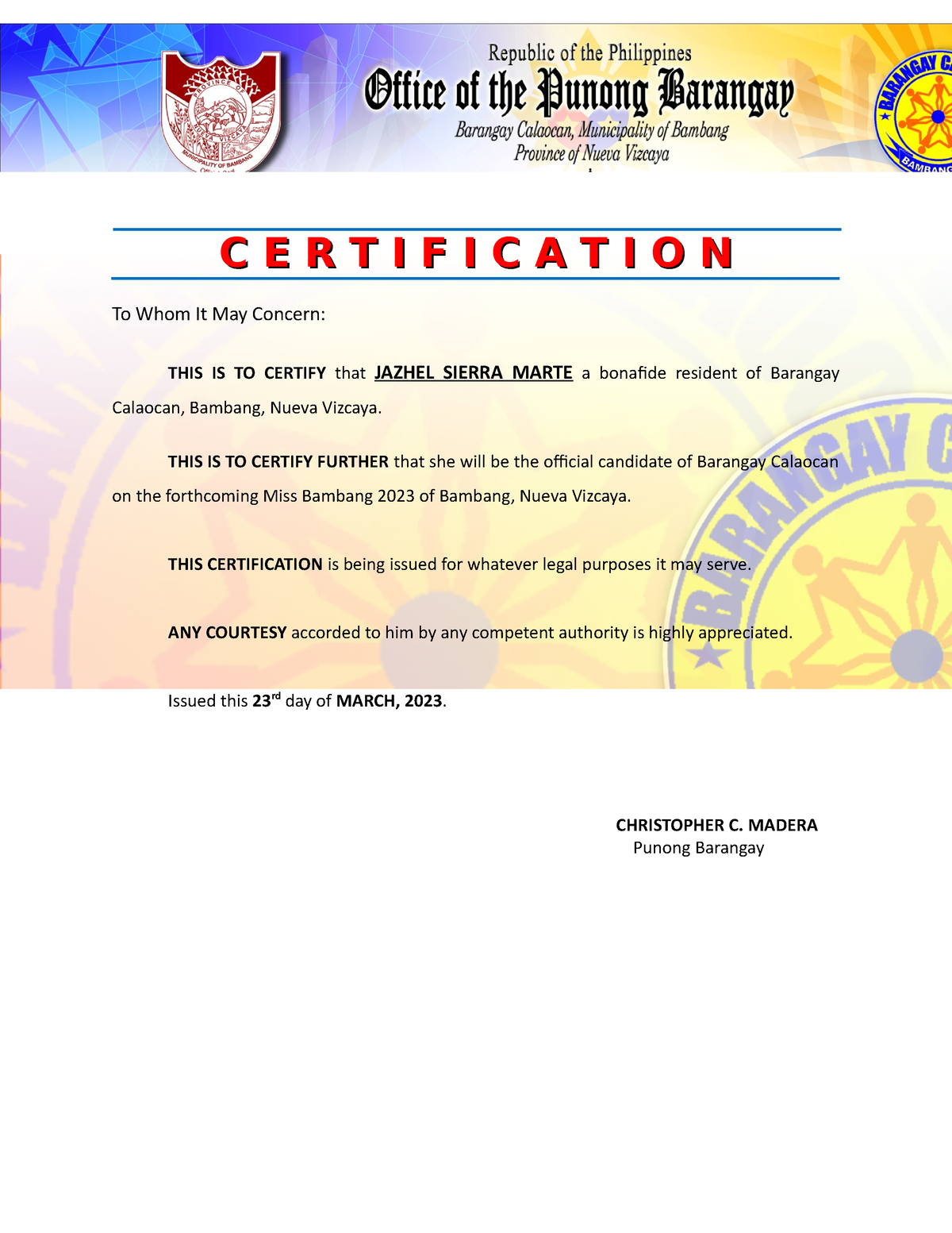 Certificate OF Residency - 2022 - C E R T I F I C A T I O NC E R T I F ...