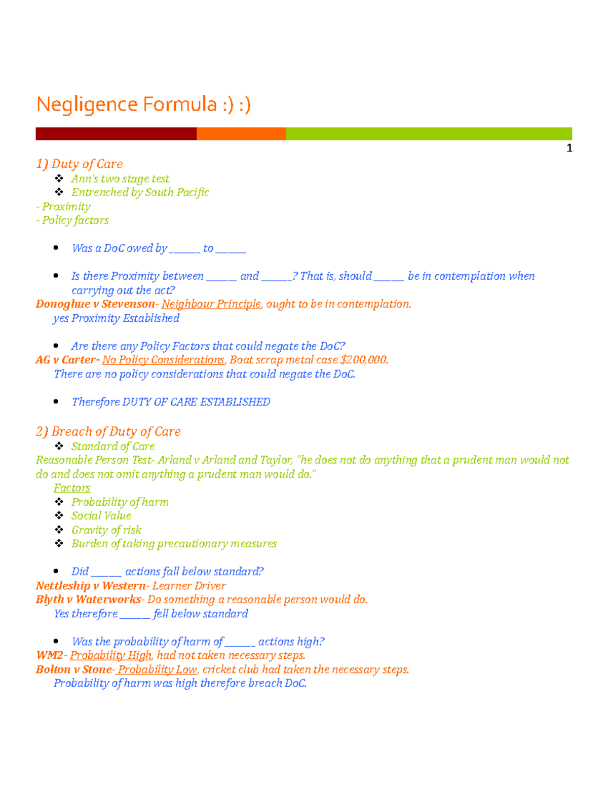 TORT Negligence - Negligence Formula :) :) 1 1) Duty of Care Ann’s two ...