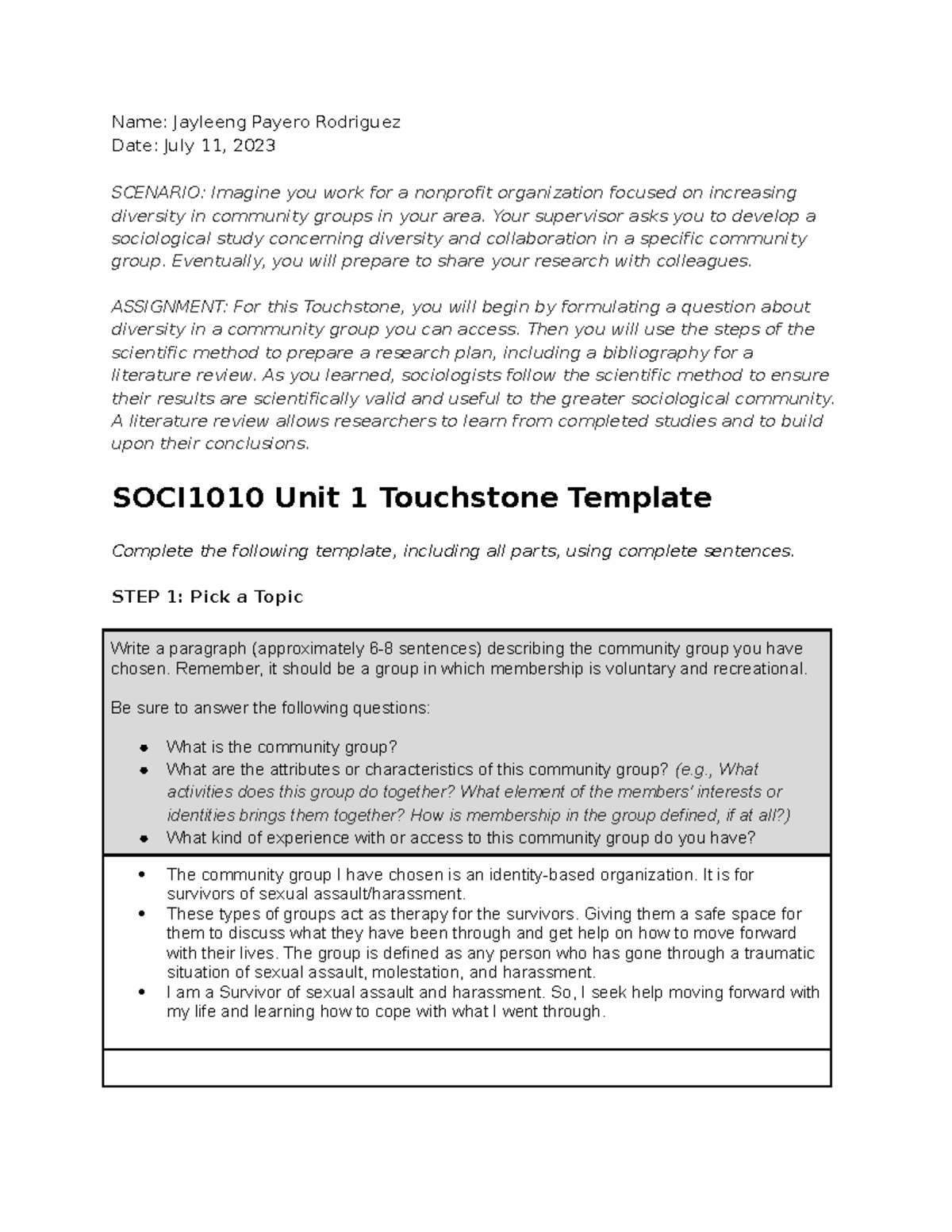 SOCI1010 Touchstone 1 Template - Name: Jayleeng Payero Rodriguez Date ...