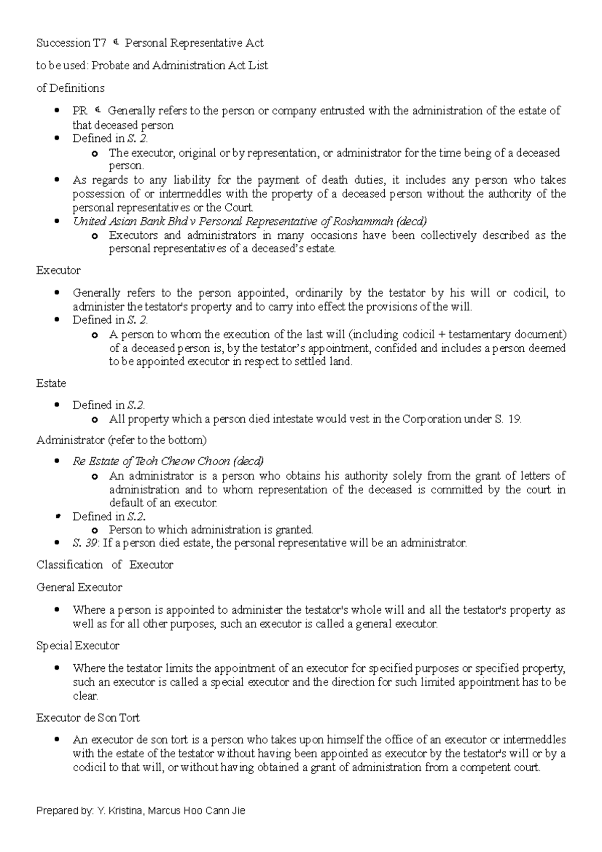 Succession T7 personal representatives - Prepared by: Y. Kristina ...